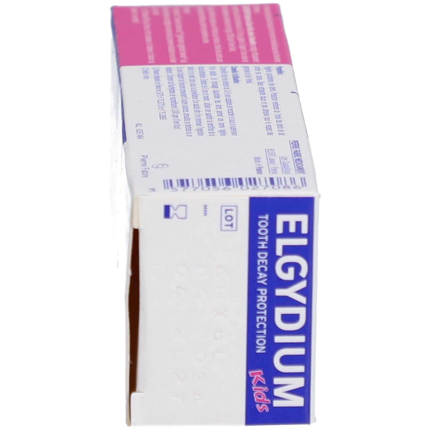 Schachtel, Seitenansicht. Aufschrift: ELGYDIUM Kids, Schutz vor Karies. Text und Symbole.