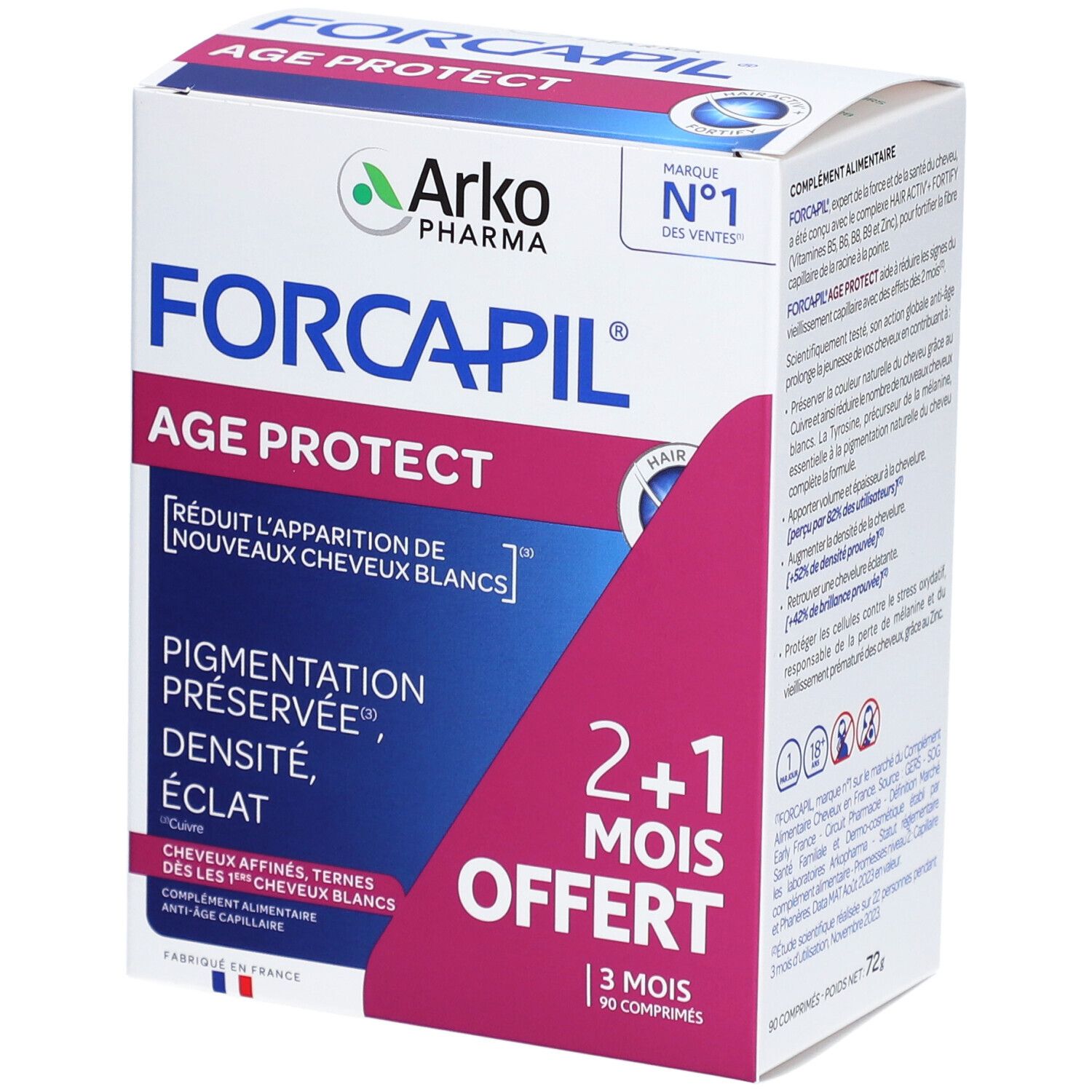 Verpackung von Forcapil Age Protect. Weißer Karton mit rosa Akzenten. Produktname und Logo deutlich sichtbar. Enthält 90 Tabletten.