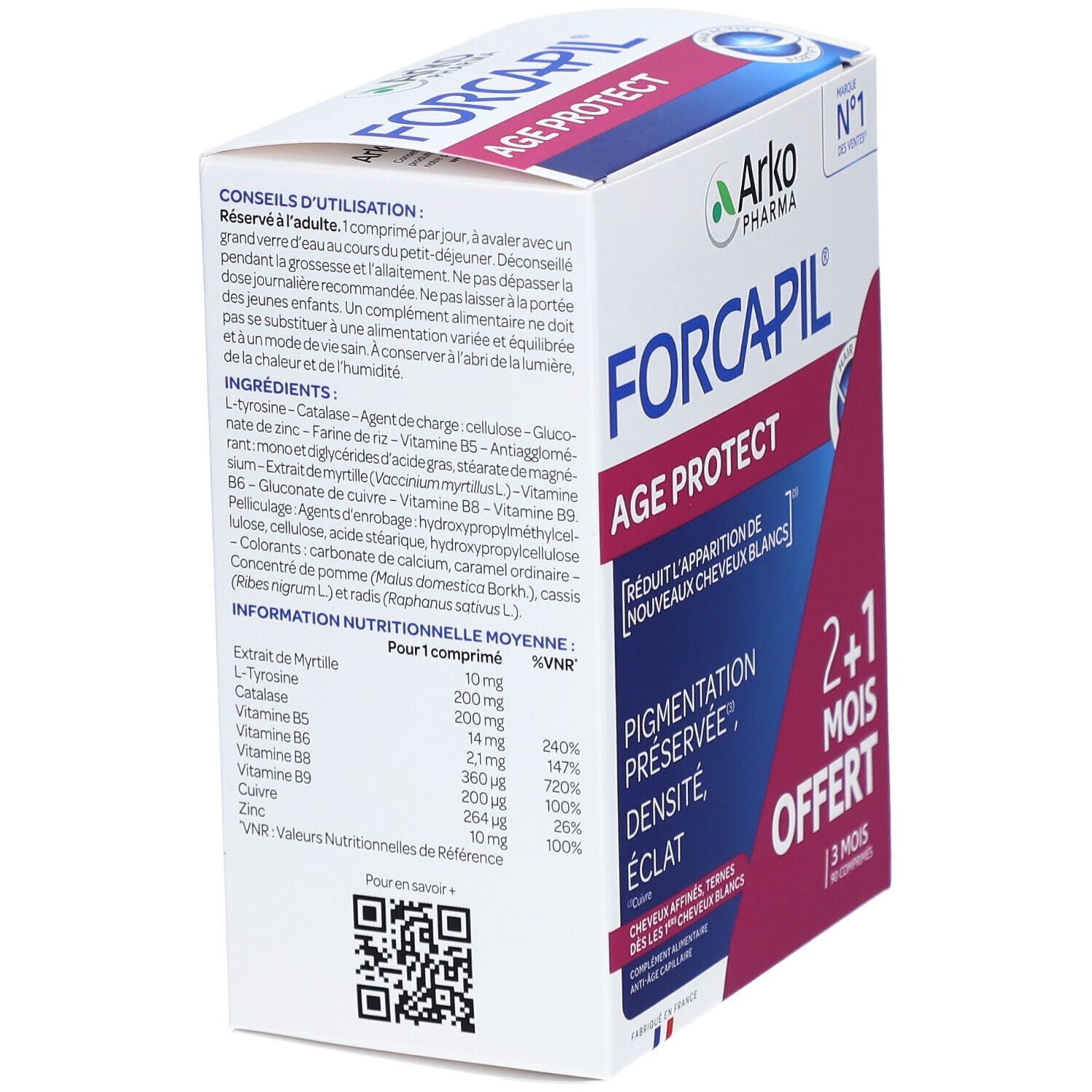 Rückseite der Forcapil Age Protect Verpackung. Enthält Informationen zu Inhaltsstoffen und Nährwertangaben. QR-Code und Text in französischer Sprache.