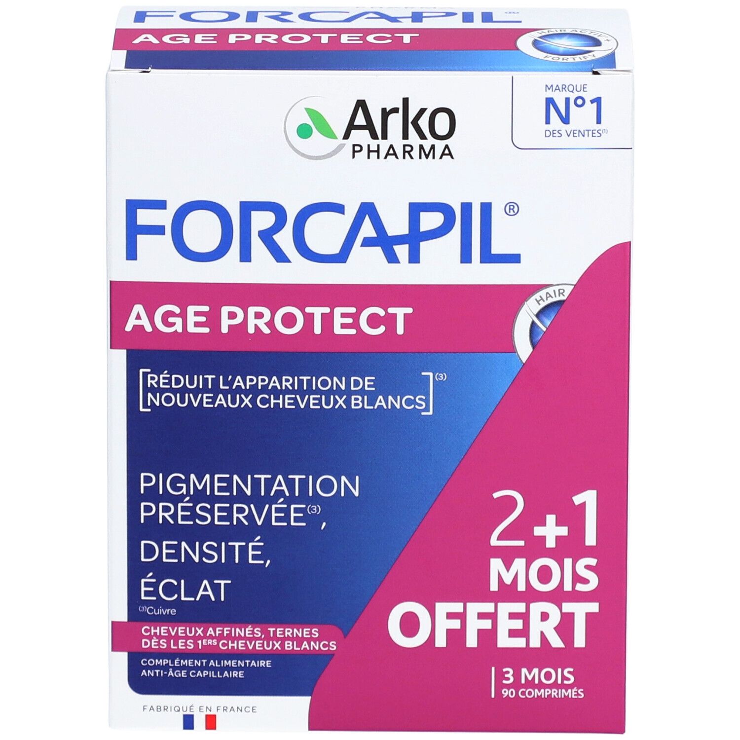 Forcapil Age Protect Verpackung. Weißer Karton mit rosa Akzenten. Produktname und Logo deutlich sichtbar. Enthält 90 Tabletten.
