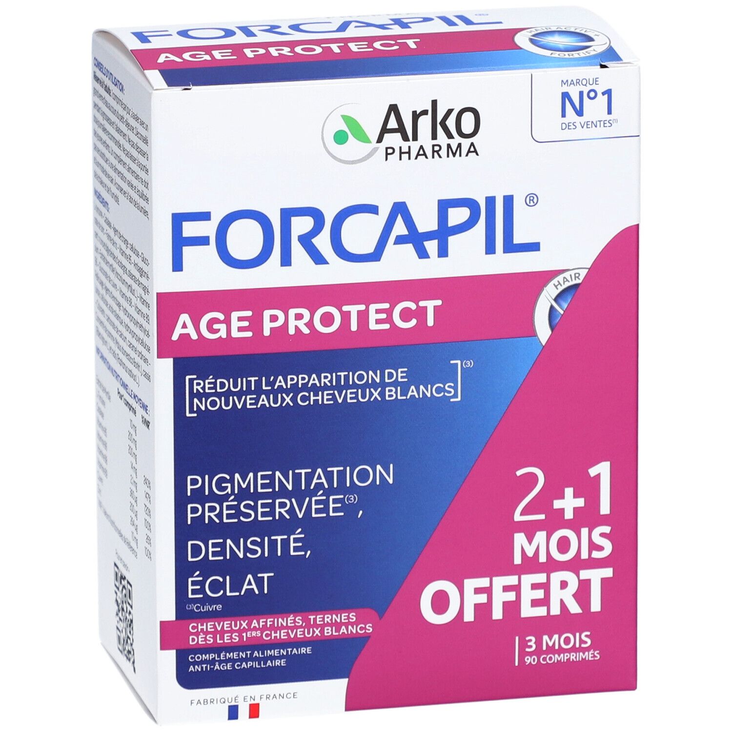 Forcapil Age Protect Verpackung. Weißer Karton mit rosa Akzenten. Produktname und Logo deutlich sichtbar. Enthält 90 Tabletten.