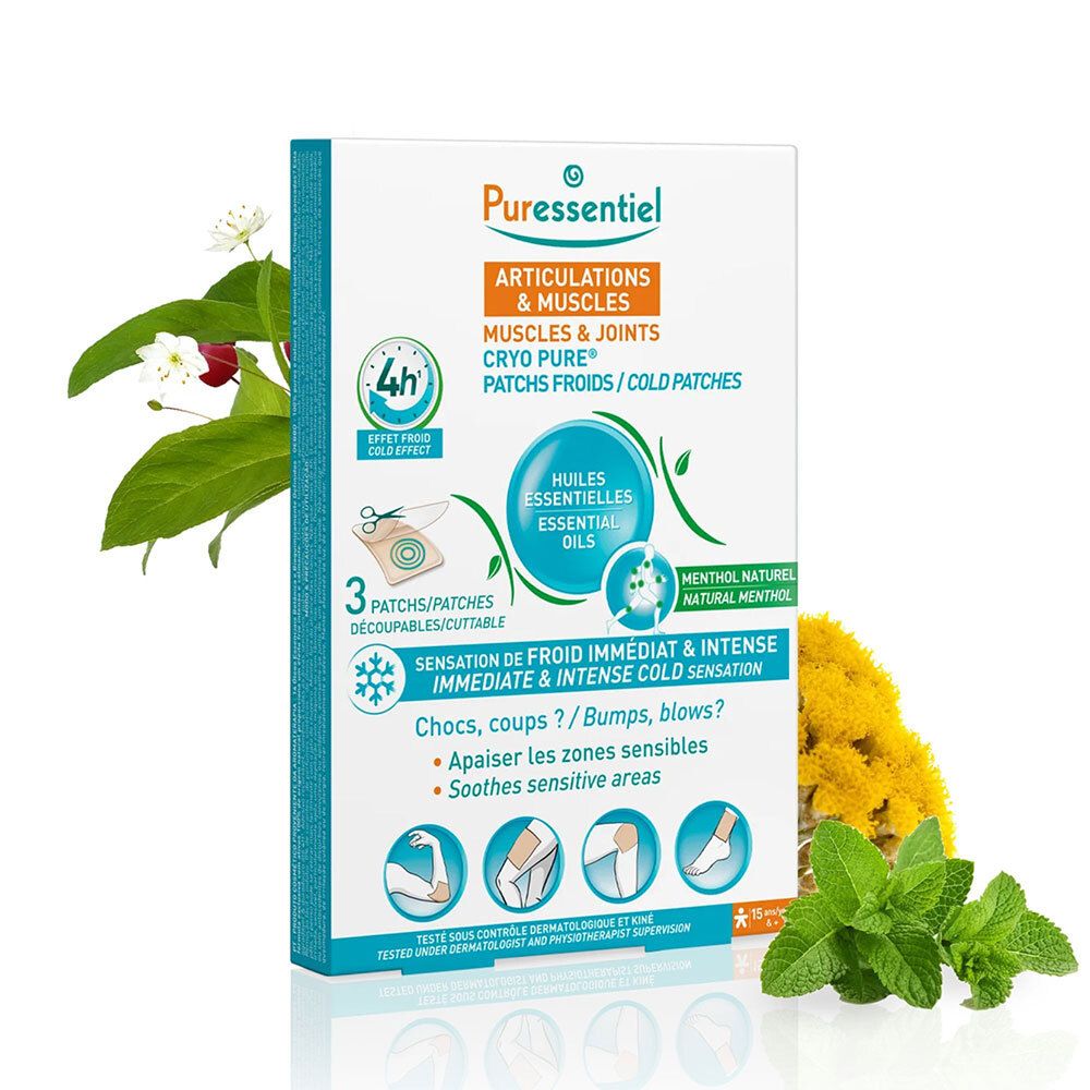 Packung mit Pflastern. Marke: Puressentiel. Text: Articulations & Muscles, Cryo Pure. Dekorative Pflanzen.