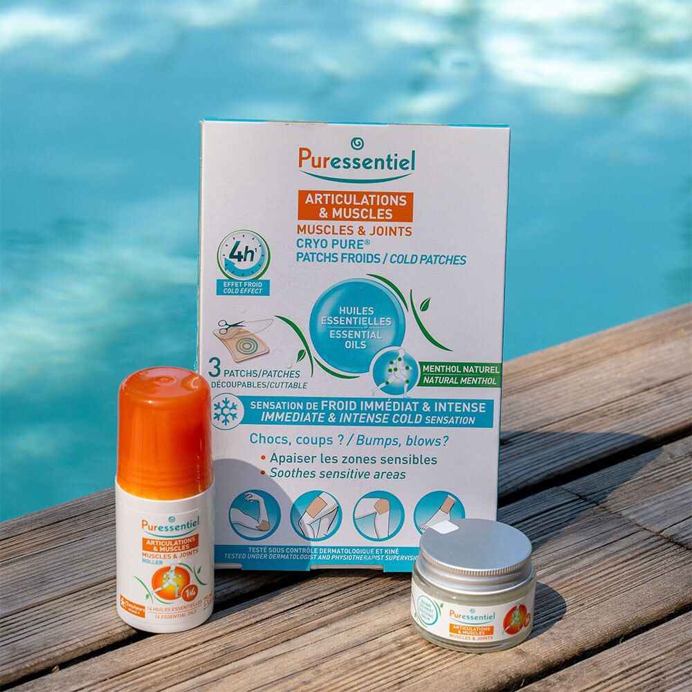 Packung mit Pflastern, Roll-on und Creme. Marke: Puressentiel. Text: Articulations & Muscles, Cryo Pure.