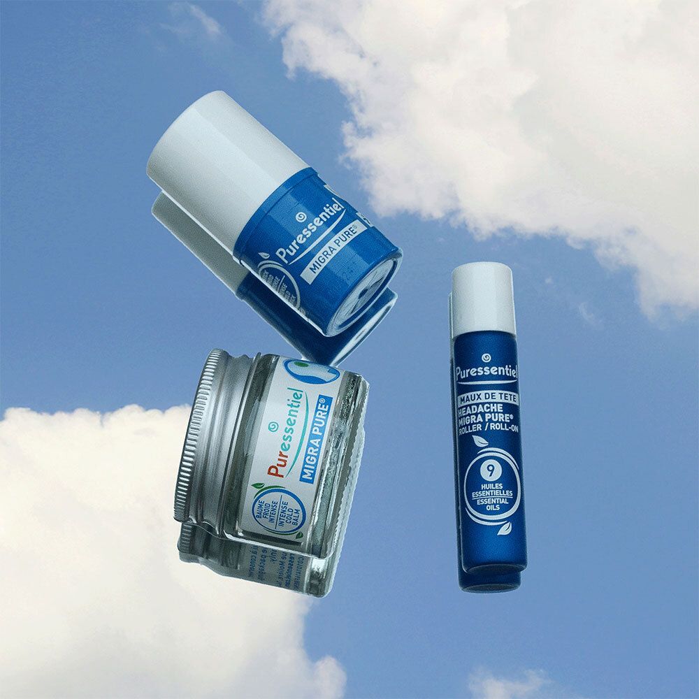 Drei Produkte. Marke: Puressentiel. Text: Maux de tête. Roll-on, Creme und Glas.