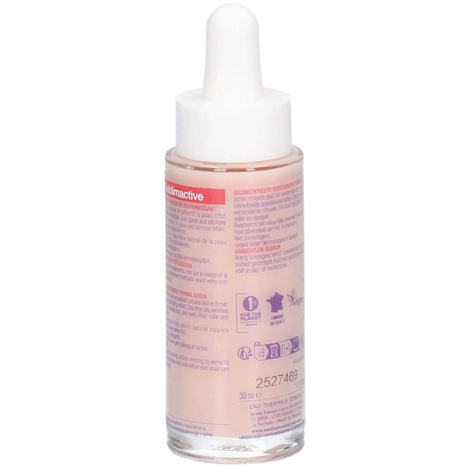 Serumflasche mit Pipette. Rosa Flüssigkeit. Text: JONZAC, Sublimactive, 30 ml, 1.01 fl.oz.