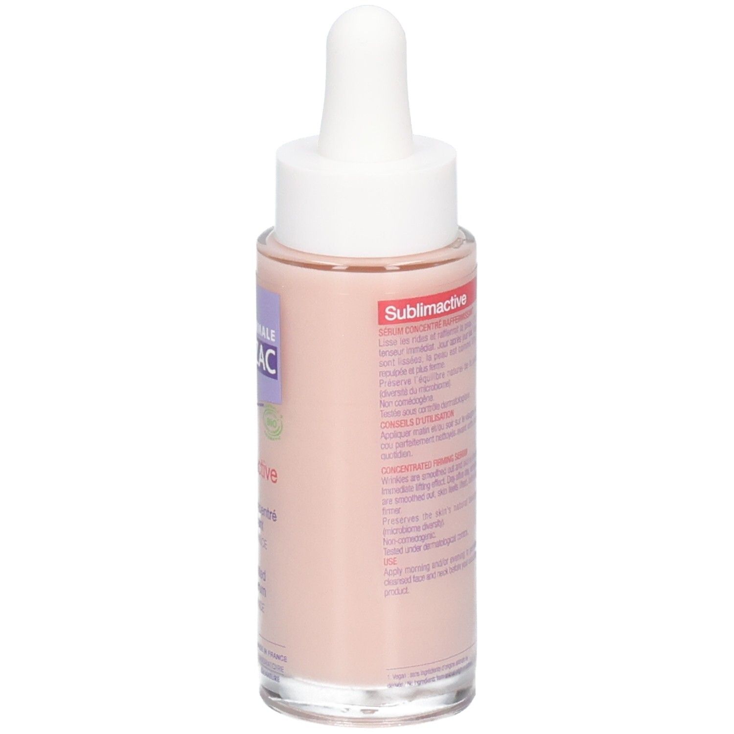 Serumflasche mit Pipette. Rosa Flüssigkeit. Text: JONZAC, Sublimactive, Konzentriertes Serum.