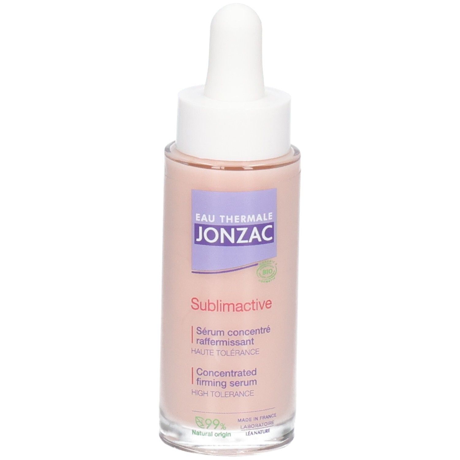 Serumflasche mit Pipette. Rosa Flüssigkeit. Text: JONZAC, Sublimactive, Konzentriertes Serum, 99% natürlichen Ursprungs.