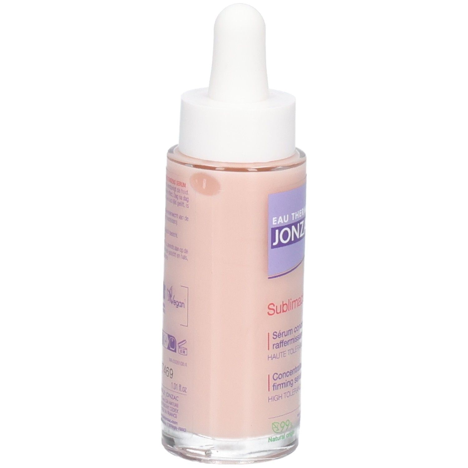 Serumflasche mit Pipette. Rosa Flüssigkeit. Text: JONZAC, Sublimactive, Konzentriertes Serum, 99% natürlichen Ursprungs.