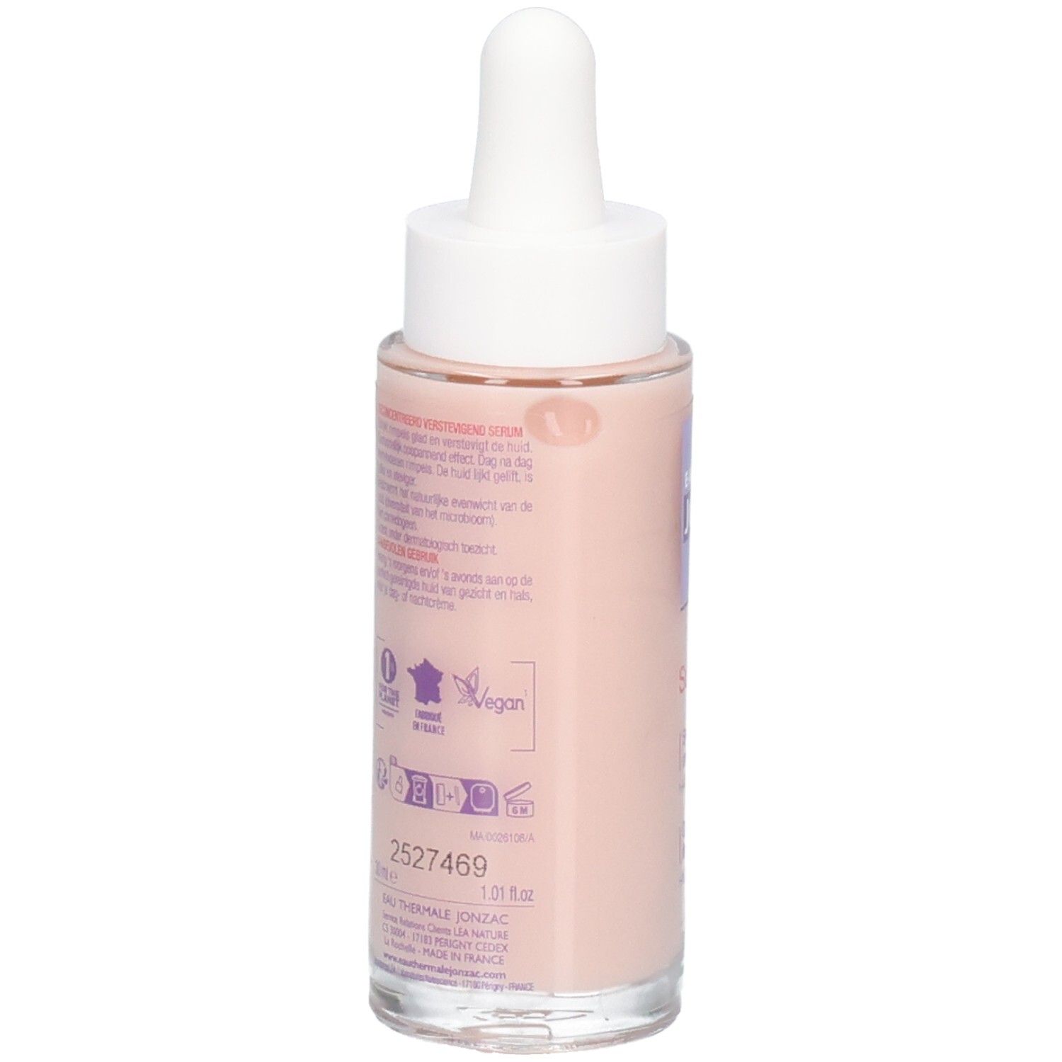 Serumflasche mit Pipette. Rosa Flüssigkeit. Text: JONZAC, Sublimactive, Konzentriertes Serum, Vegan-Siegel.