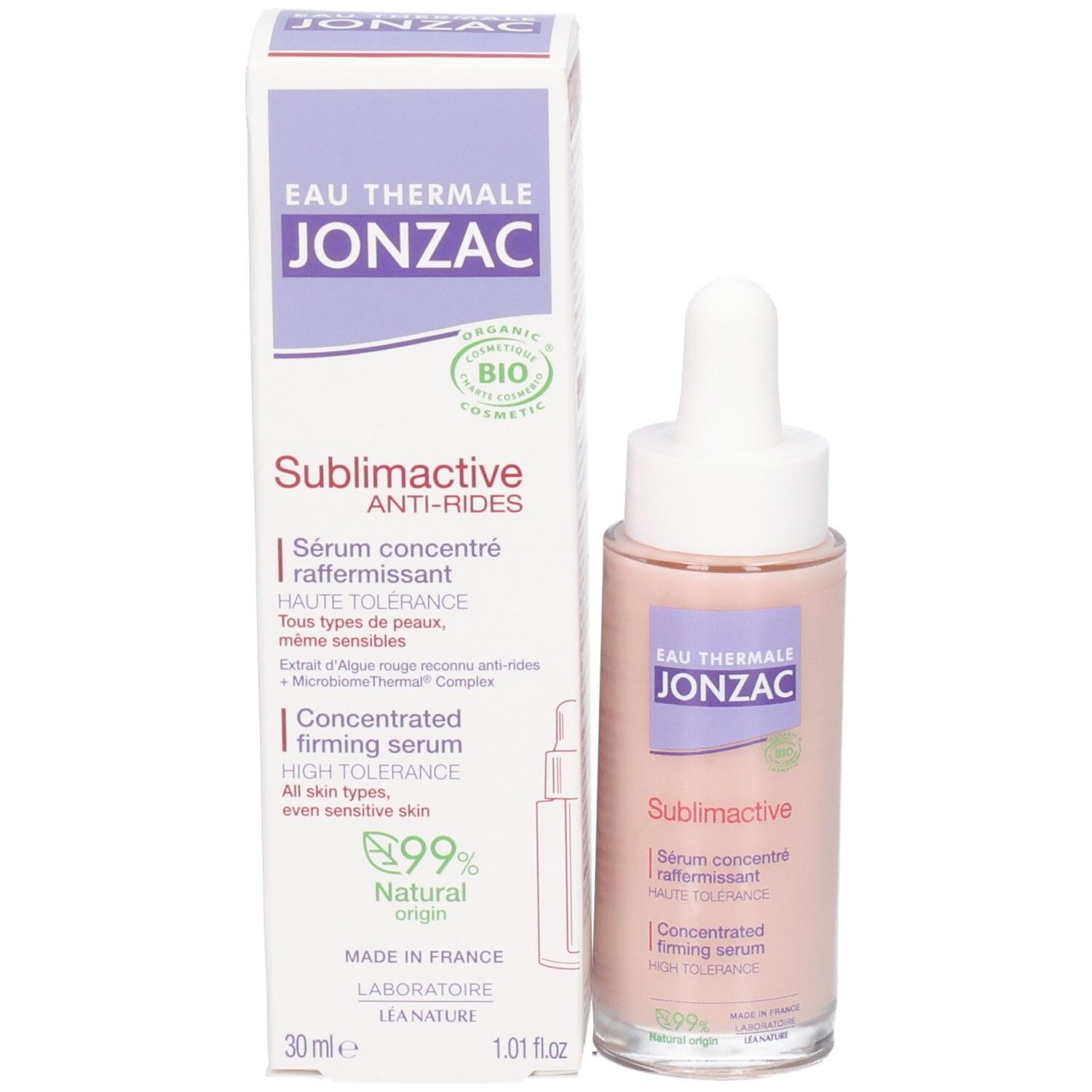 Serumflasche und Schachtel. Flasche mit Pipette. Rosa Flüssigkeit. Text: JONZAC, Sublimactive, Anti-Falten, 30 ml.
