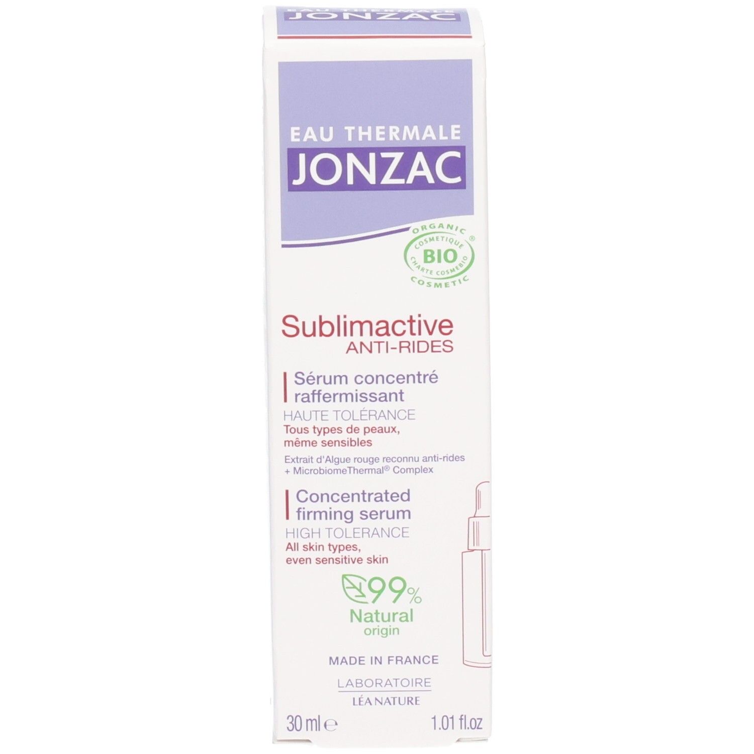 Produktverpackung. Text: JONZAC, Sublimactive, Anti-Falten, Konzentriertes Serum, 30 ml, 1.01 fl.oz.