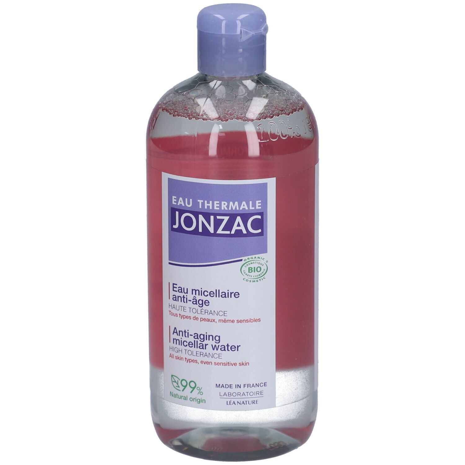 Jonzac Mizellenwasser-Flasche. Violett-weiße Etiketten, blaue Kappe. Anti-Aging, für empfindliche Haut.