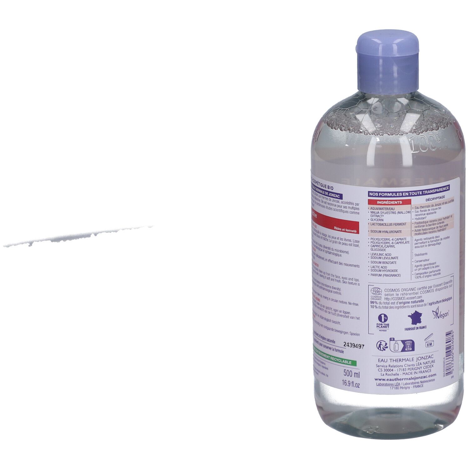 Rückseite der Jonzac Mizellenwasser-Flasche. Enthält Informationen zu Inhaltsstoffen und Zertifizierungen.