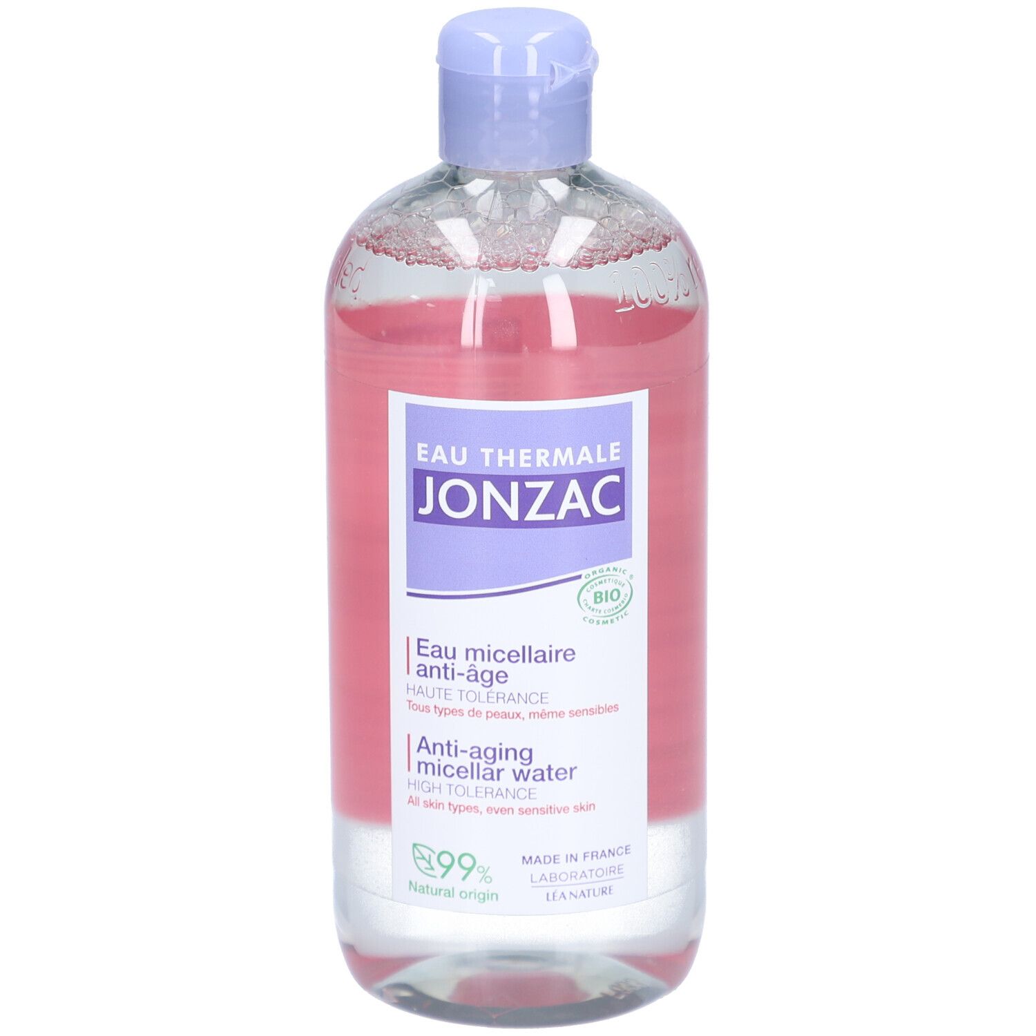 Jonzac Mizellenwasser-Flasche. Violett-weiße Etiketten, blaue Kappe. Anti-Aging, für empfindliche Haut.