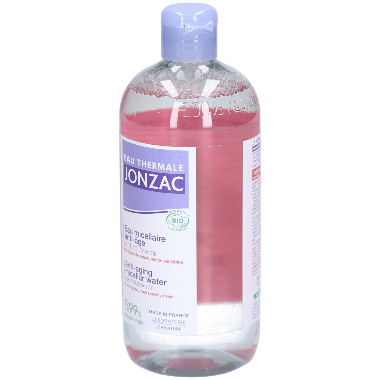 Jonzac Mizellenwasser-Flasche. Violett-weiße Etiketten, blaue Kappe. Anti-Aging, für empfindliche Haut.