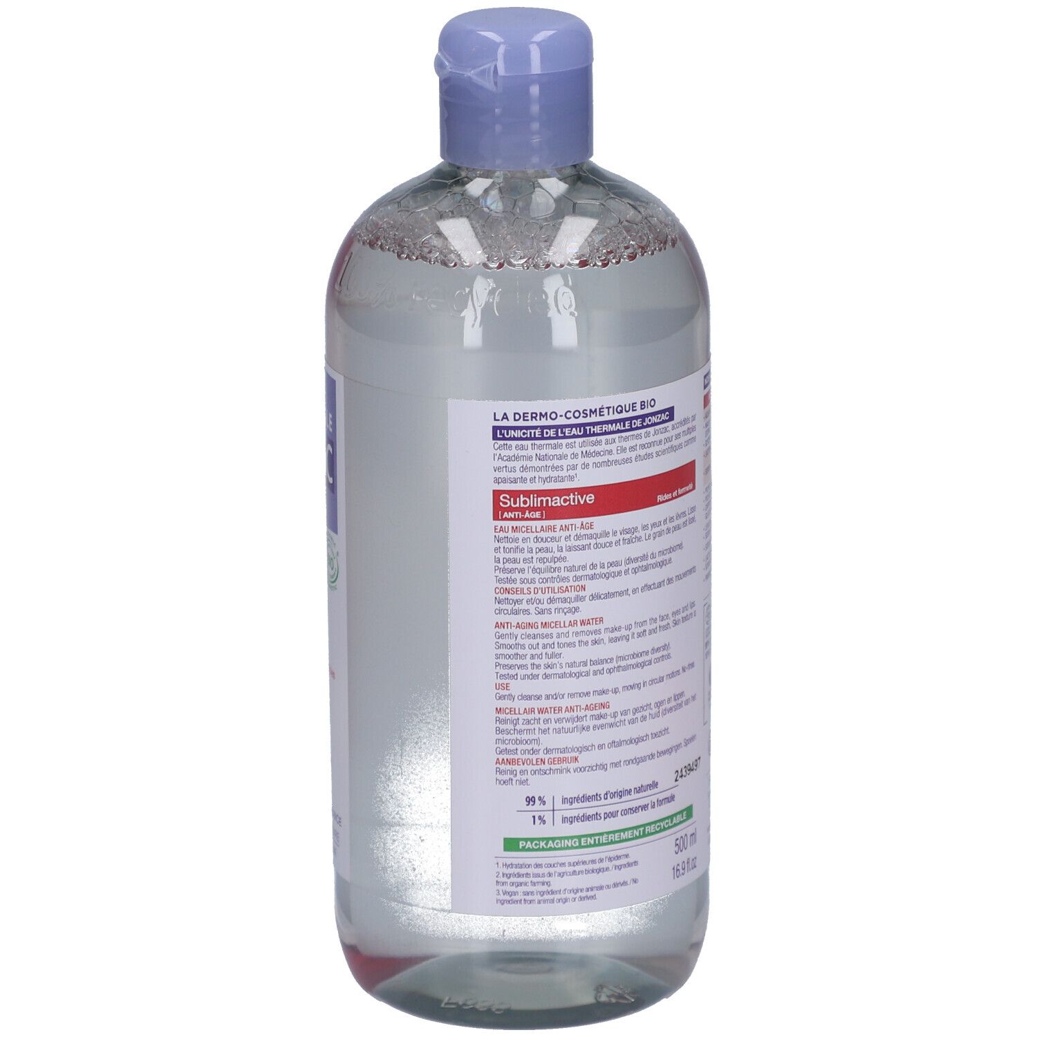 Rückseite der Jonzac Mizellenwasser-Flasche. Enthält Informationen zu Inhaltsstoffen und Anwendung.