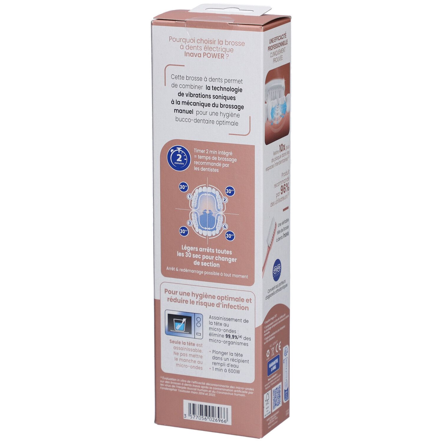 Rückseite der Verpackung der elektrischen Zahnbürste Power Rose Gold. Text: Inava Power, Brosse à dents électrique Premium. Informationen zur Anwendung.