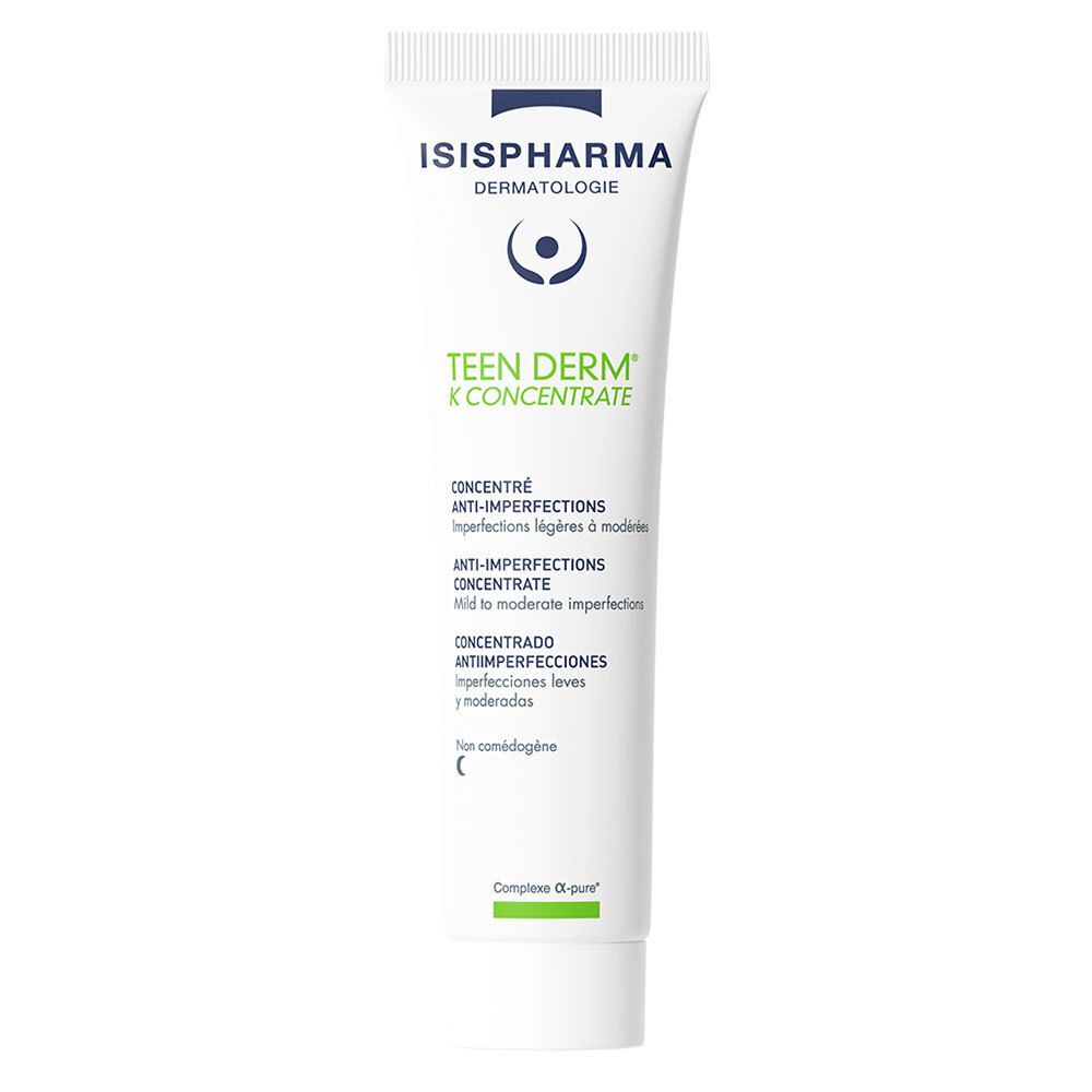Tube blanche avec impression verte. Inscription ISISPHARMA et Teen Derm K Concentrate. Anti-imperfections.