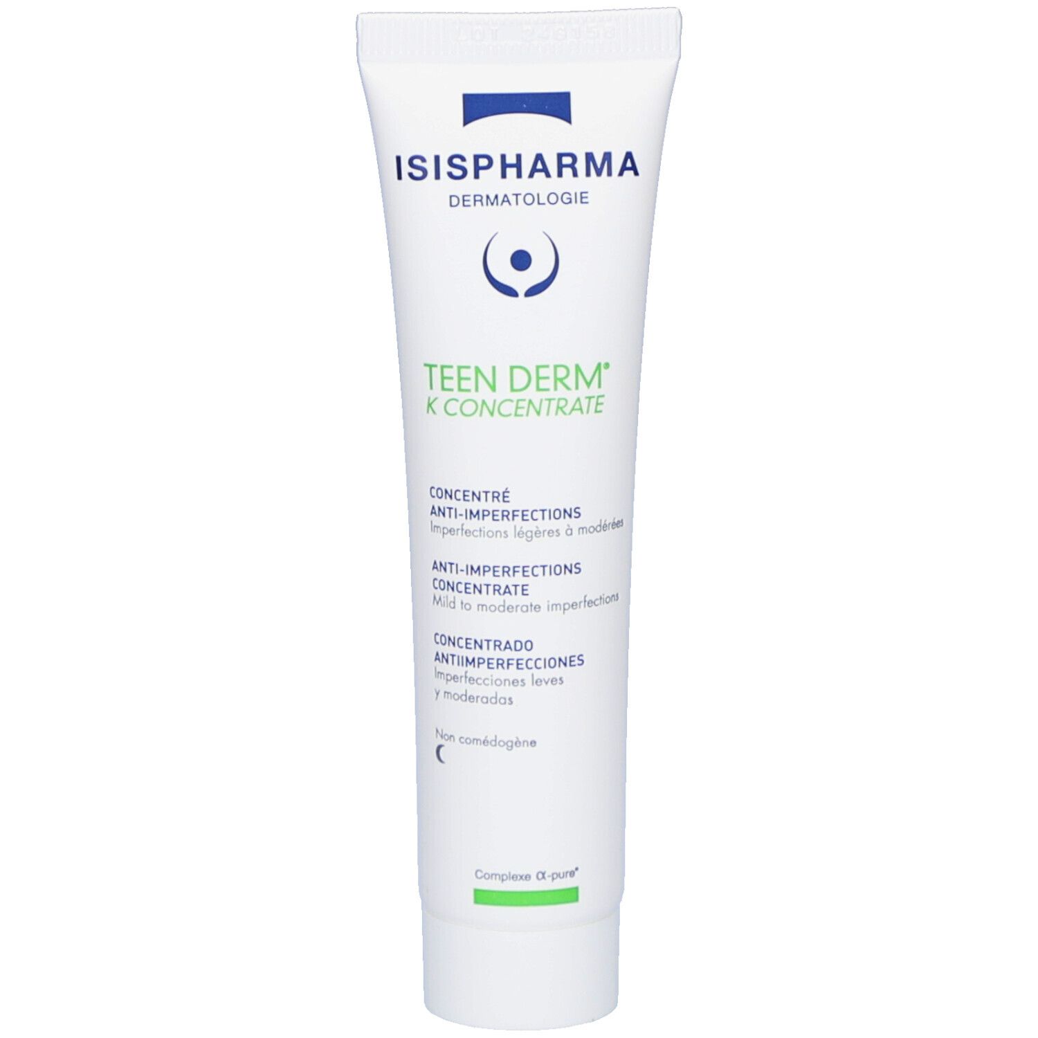Tube blanche avec impression verte. Inscription ISISPHARMA et Teen Derm K Concentrate. Anti-imperfections.