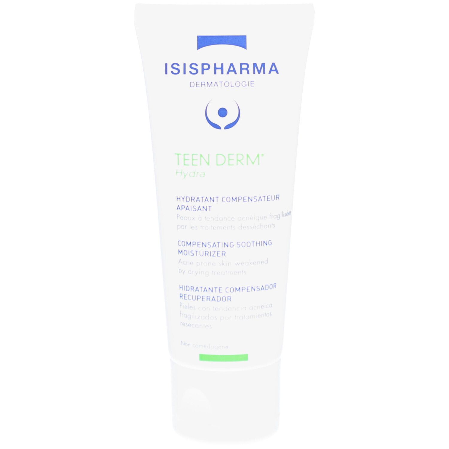 Weiße Tube mit grünem und blauem Aufdruck. Enthält ISISPHARMA, Teen Derm Hydra. Text: Hydratant Compensateur Apaisant.
