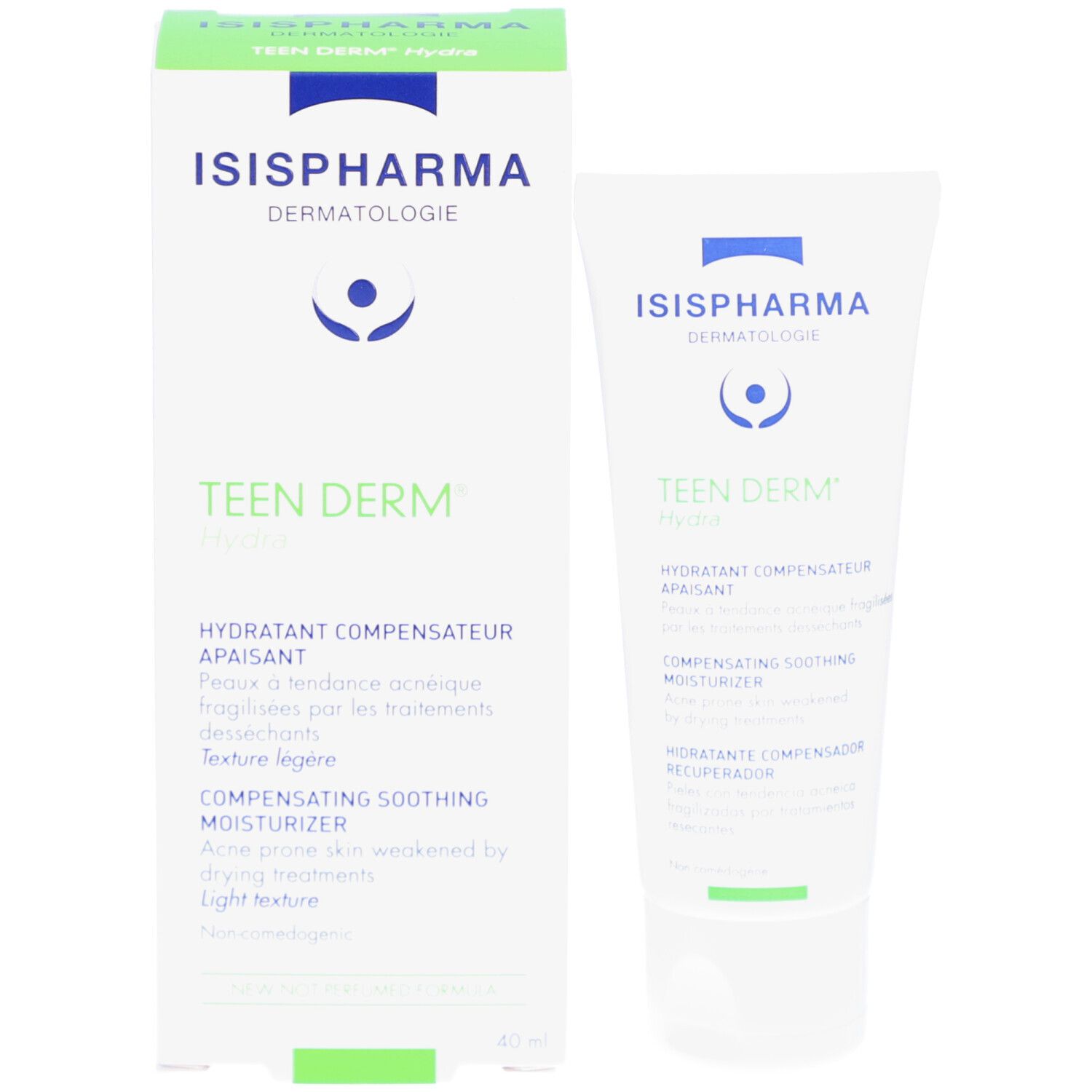 Weiße Schachtel und Tube. Schachtel mit ISISPHARMA, Teen Derm Hydra. Text: Hydratant Compensateur Apaisant. 40 ml.