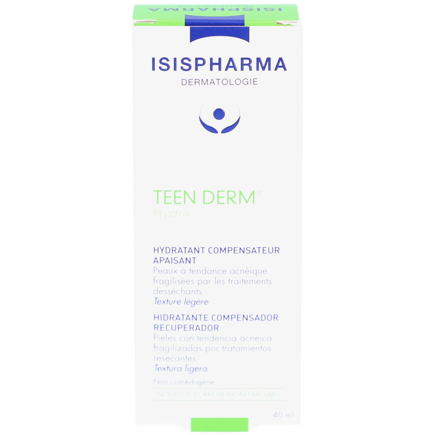 Weiße Schachtel mit grünem und blauem Aufdruck. Enthält ISISPHARMA, Teen Derm Hydra. Text: Hydratant Compensateur Apaisant.