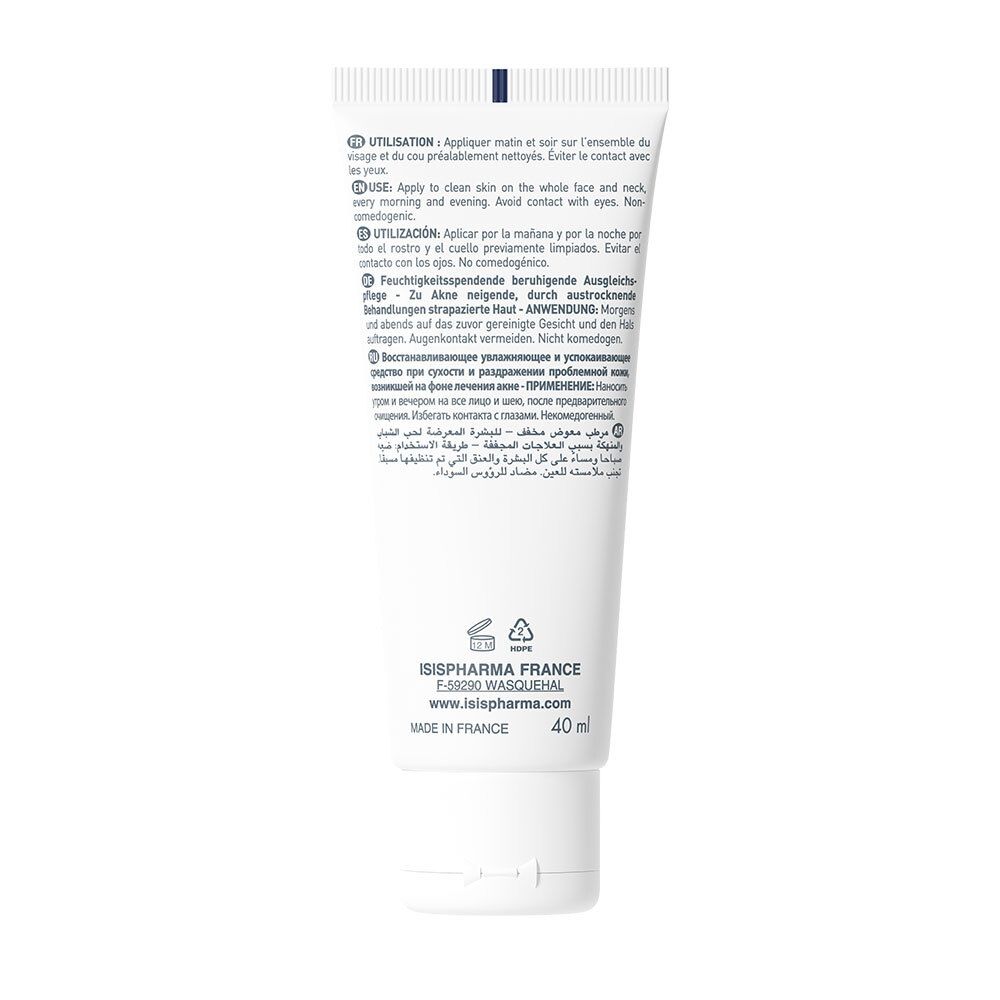 Rückseite der weißen Tube. Text in mehreren Sprachen. ISISPHARMA France, 40 ml. Hergestellt in Frankreich. Recycling-Symbole.