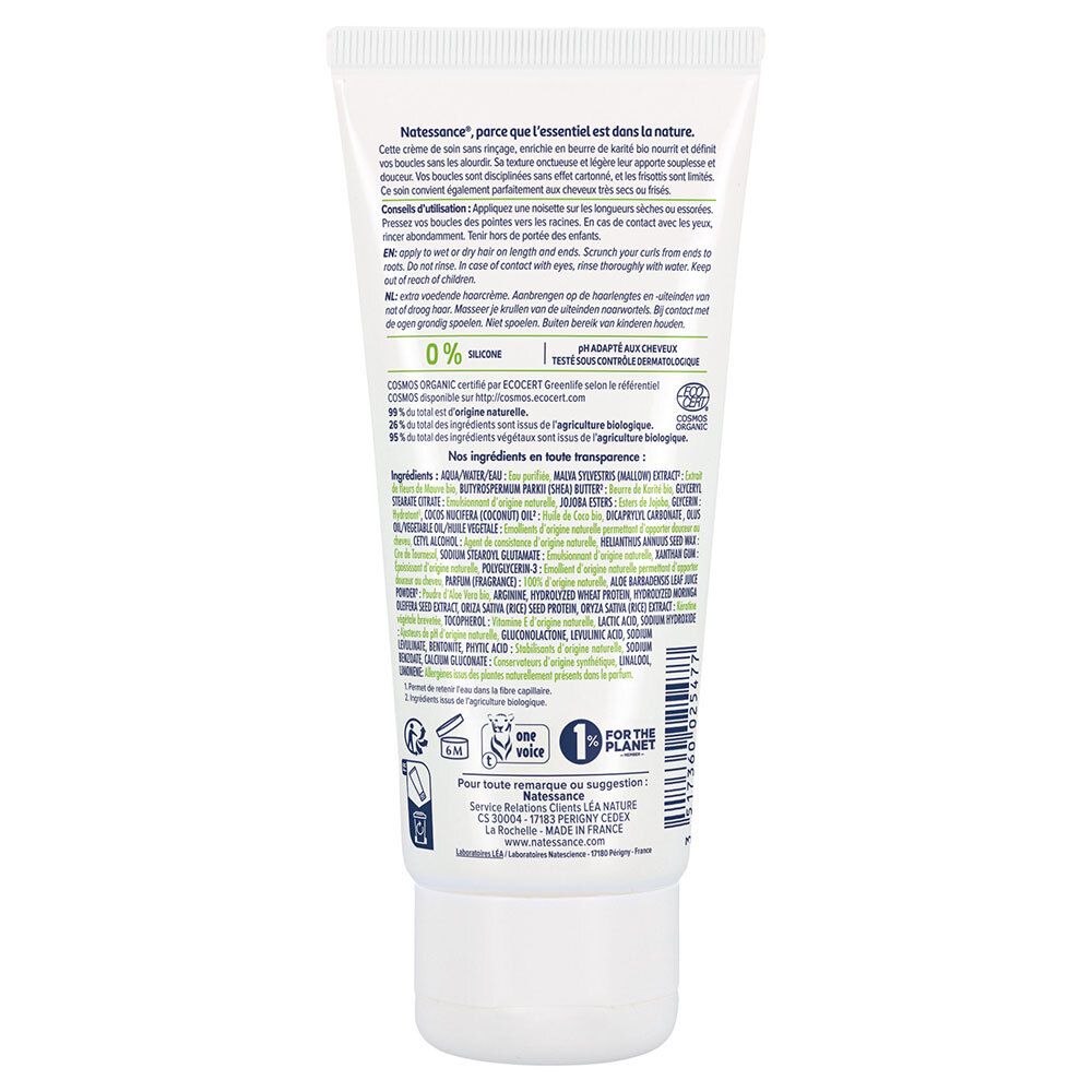 Rückseite der Creme-Tube. Text mit Inhaltsstoffen und Anweisungen. Bio-Zertifizierung. Weißer Hintergrund mit grünen Details.