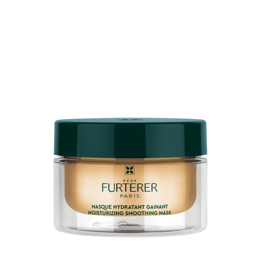 Behälter mit Haarmaske. Grüner Deckel, transparente Dose. Aufschrift: FURTERER PARIS, Masque Hydratant Gainant.