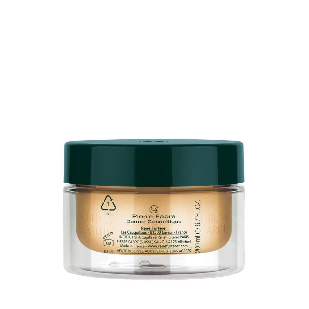 Behälter mit Haarmaske. Grüner Deckel, transparente Dose. Aufschrift: FURTERER PARIS, 200 ml, Pierre Fabre.