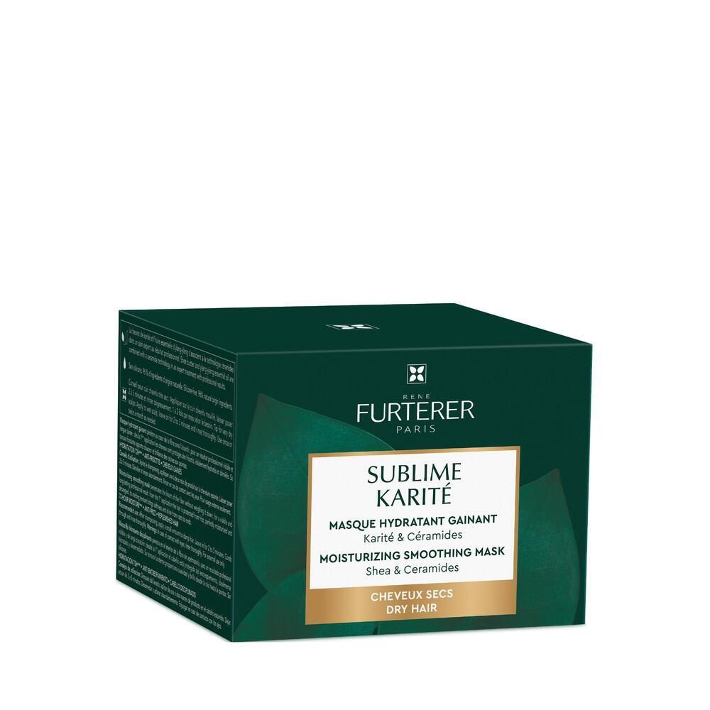Karton mit Haarmaske. Grün, mit Aufschrift: SUBLIME KARITE, Masque Hydratant Gainant, Shea & Ceramide, für trockenes Haar.