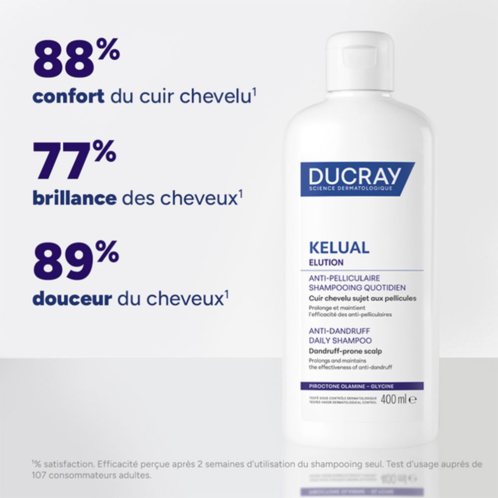 Flacon blanc, étiquette bleue. Inscription: DUCRAY, KELUAL, Shampooing antipelliculaire. 400ml. Pourcentages.
