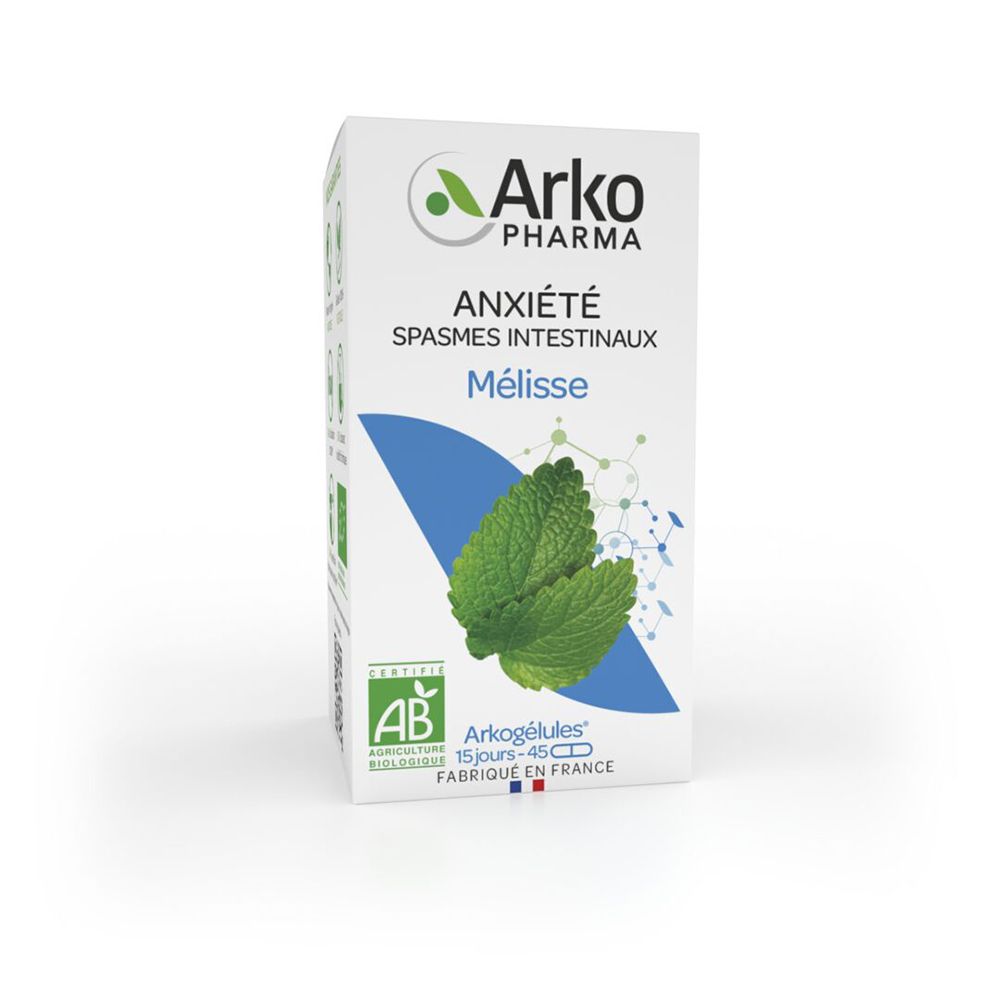 Karton mit Arkopharma Mélisse Bio. Aufdruck: Anxiété, Spasmes intestinaux, Mélisse. AB-Zertifizierung.
