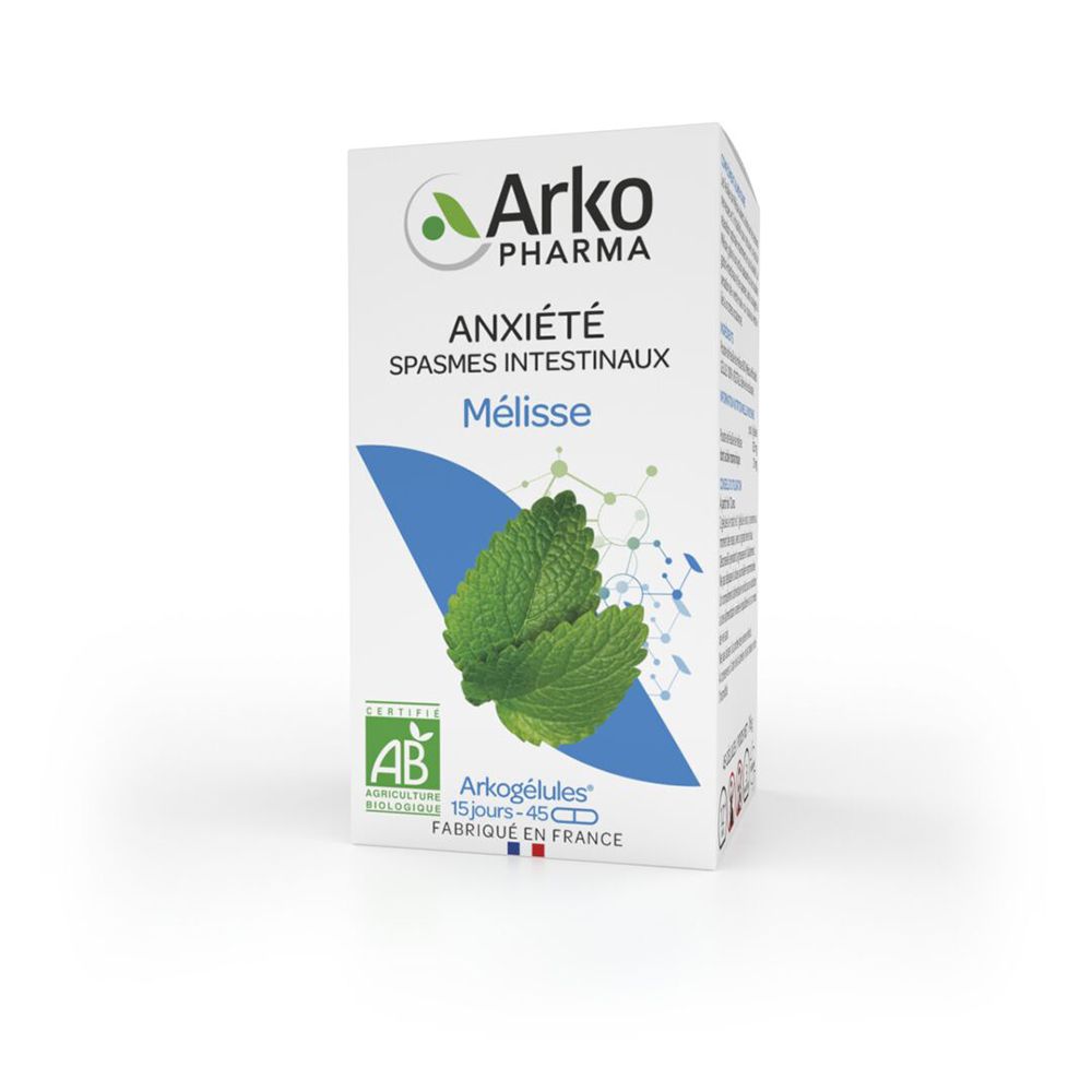 Rückseite der Arkopharma Mélisse Bio-Verpackung. Informationen zu Garantien und Zertifizierungen.