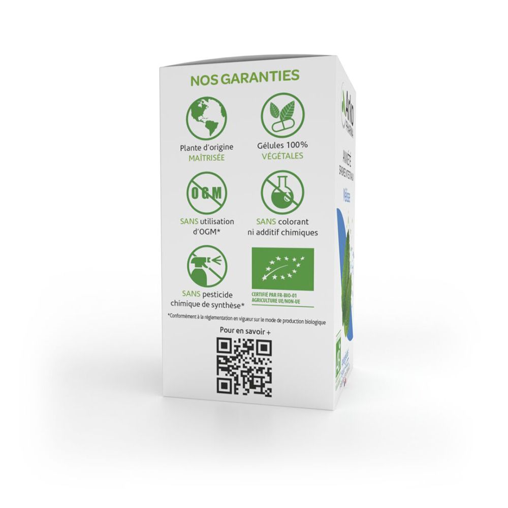 Rückseite der Arkopharma Mélisse Bio-Verpackung. Text über Inhaltsstoffe, Anwendung und Warnhinweise.