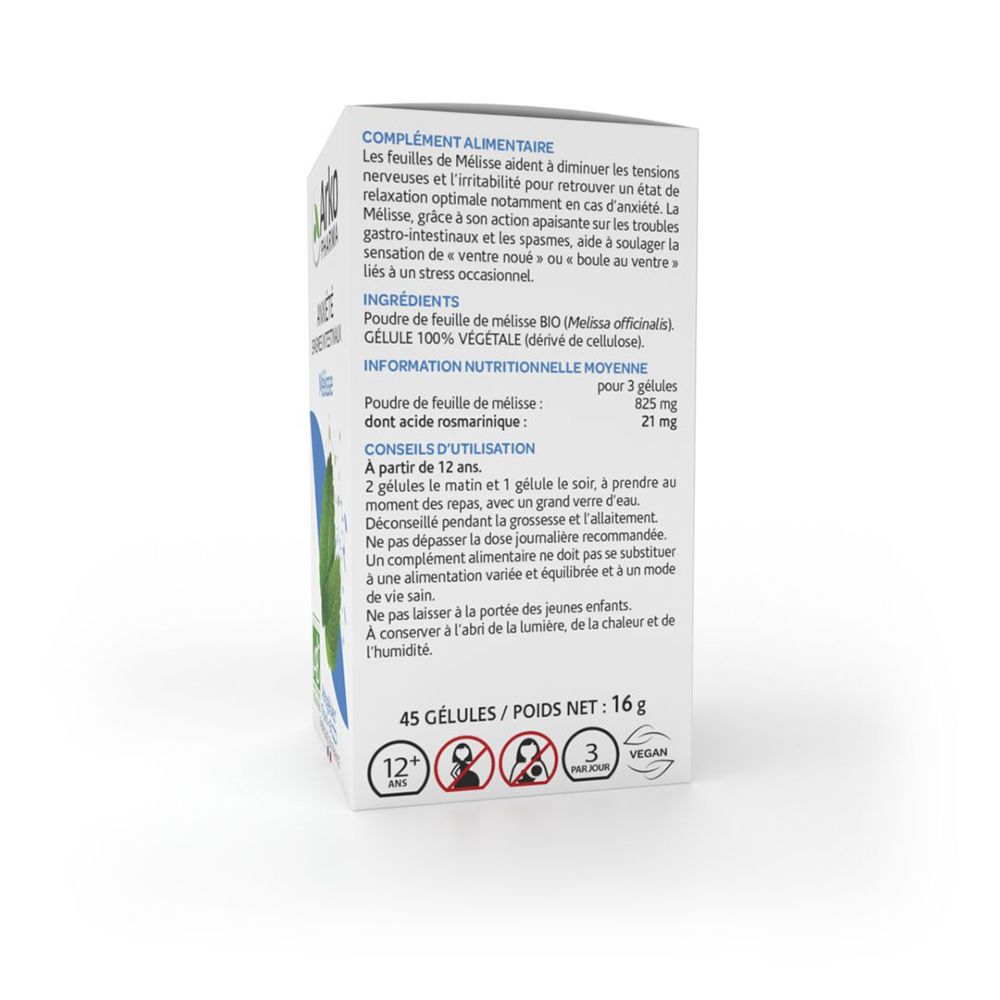 Rückseite der Arkopharma Mélisse Bio-Verpackung. Informationen über das Unternehmen und seine Werte.