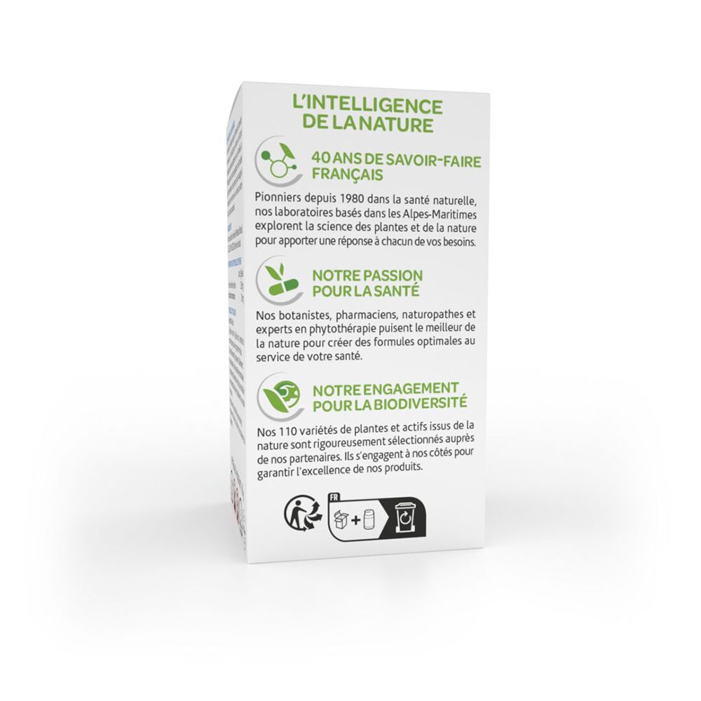 Braune Flasche mit weißem Deckel. Aufschrift: Arkopharma, Anxiété, Spasmes intestinaux, Mélisse. AB-Zertifizierung.