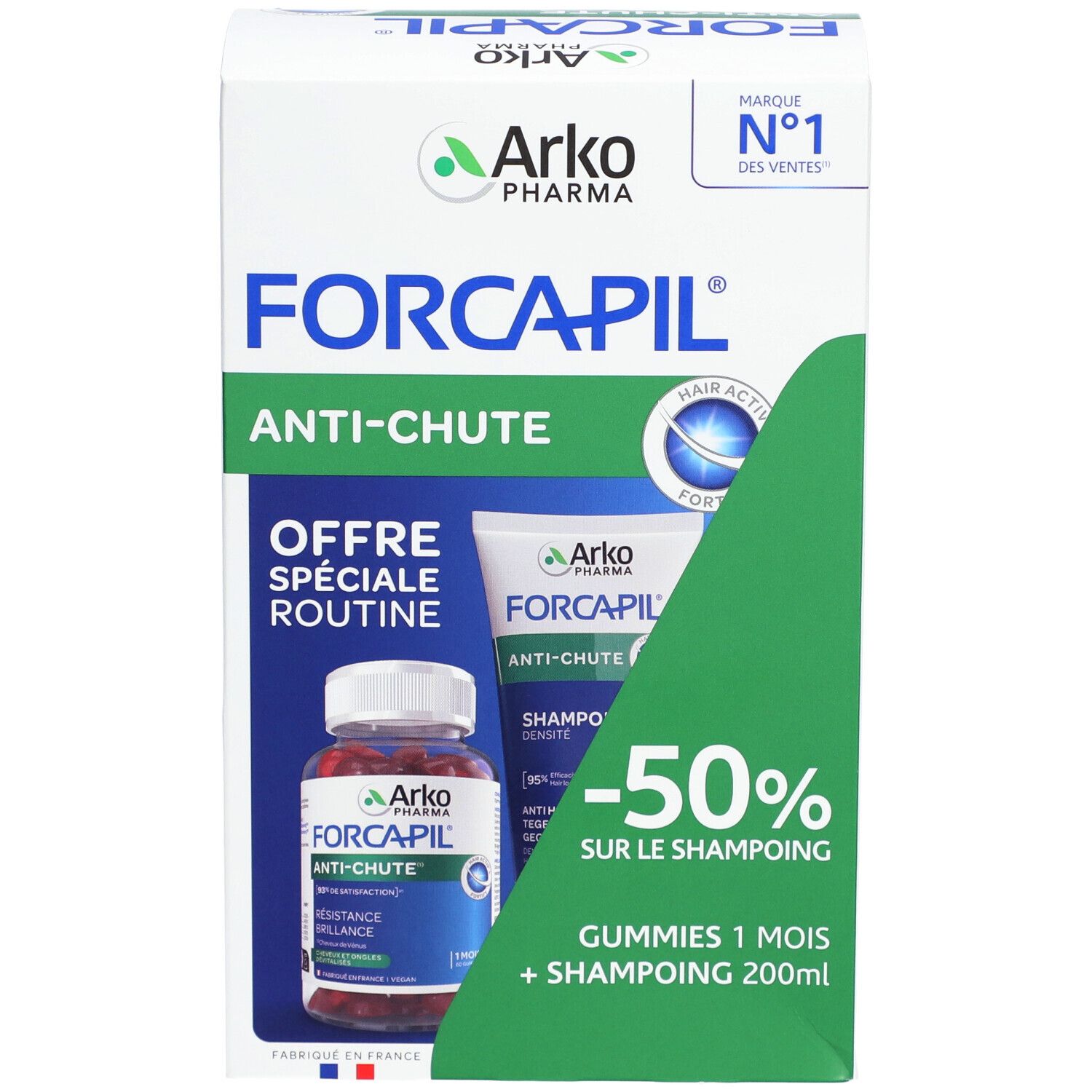 Boîte Forcapil Anti-Chute. Contient gummies et shampooing. Marque Arko Pharma. Inscription : Anti-chute.