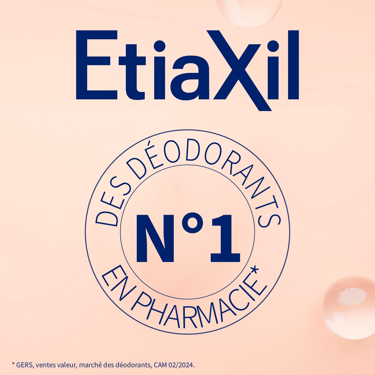 Blauer Text: Etiaxil. Kreis mit Text: Des Déodorants N°1 en Pharmacie*. Rosa Hintergrund mit Tropfen.