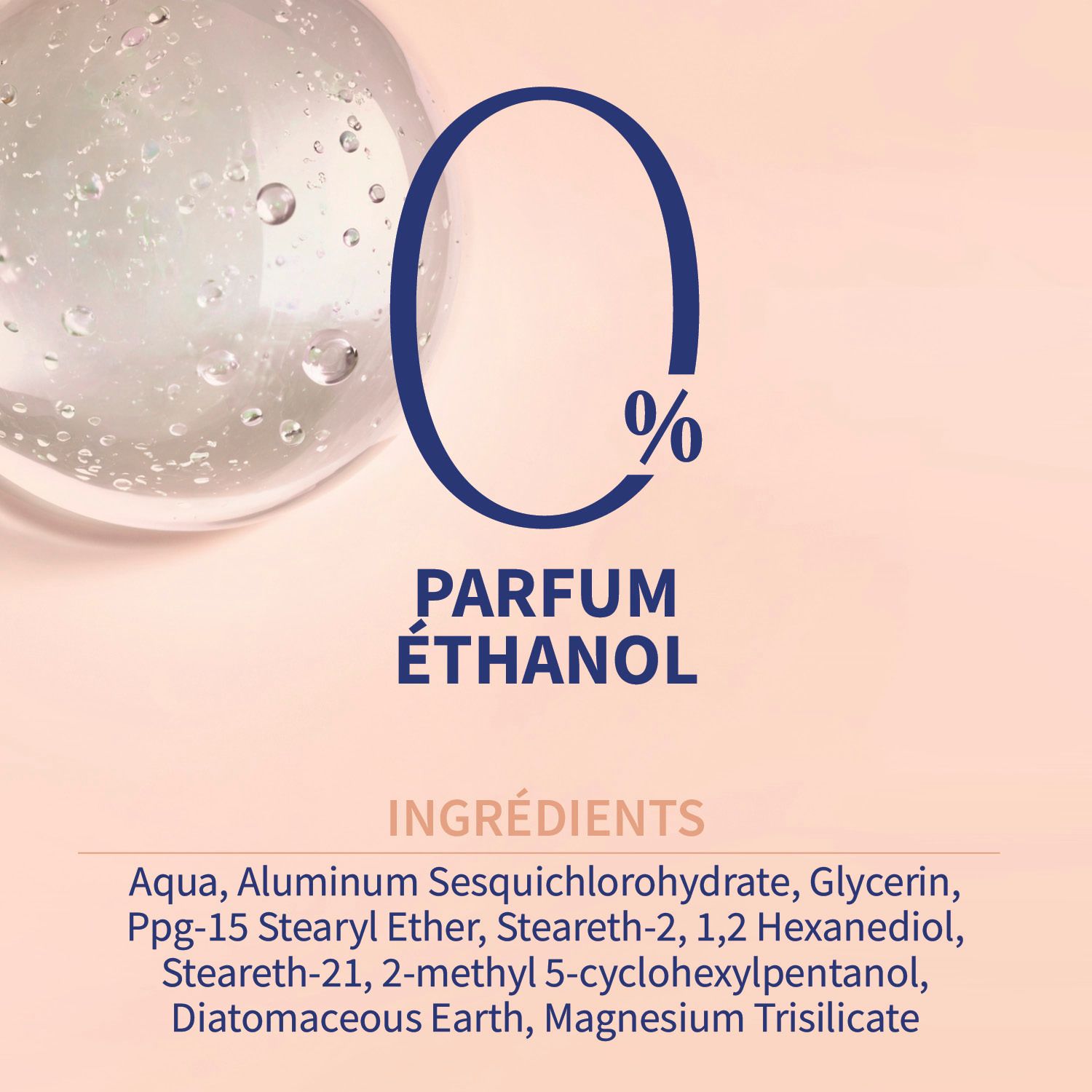 Rosa Hintergrund. Blaue Schrift: Parfum Éthanol. Inhaltsstoffe aufgelistet: Aqua, Aluminum Sesquichlorohydrate, etc. Tropfen.