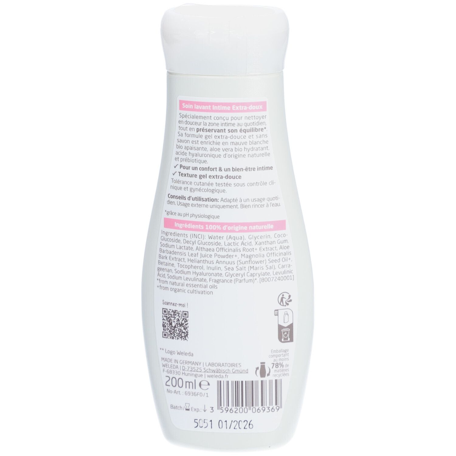 Dos du flacon. Texte, ingrédients, QR code, sceaux. "200ml" et numéro de lot.