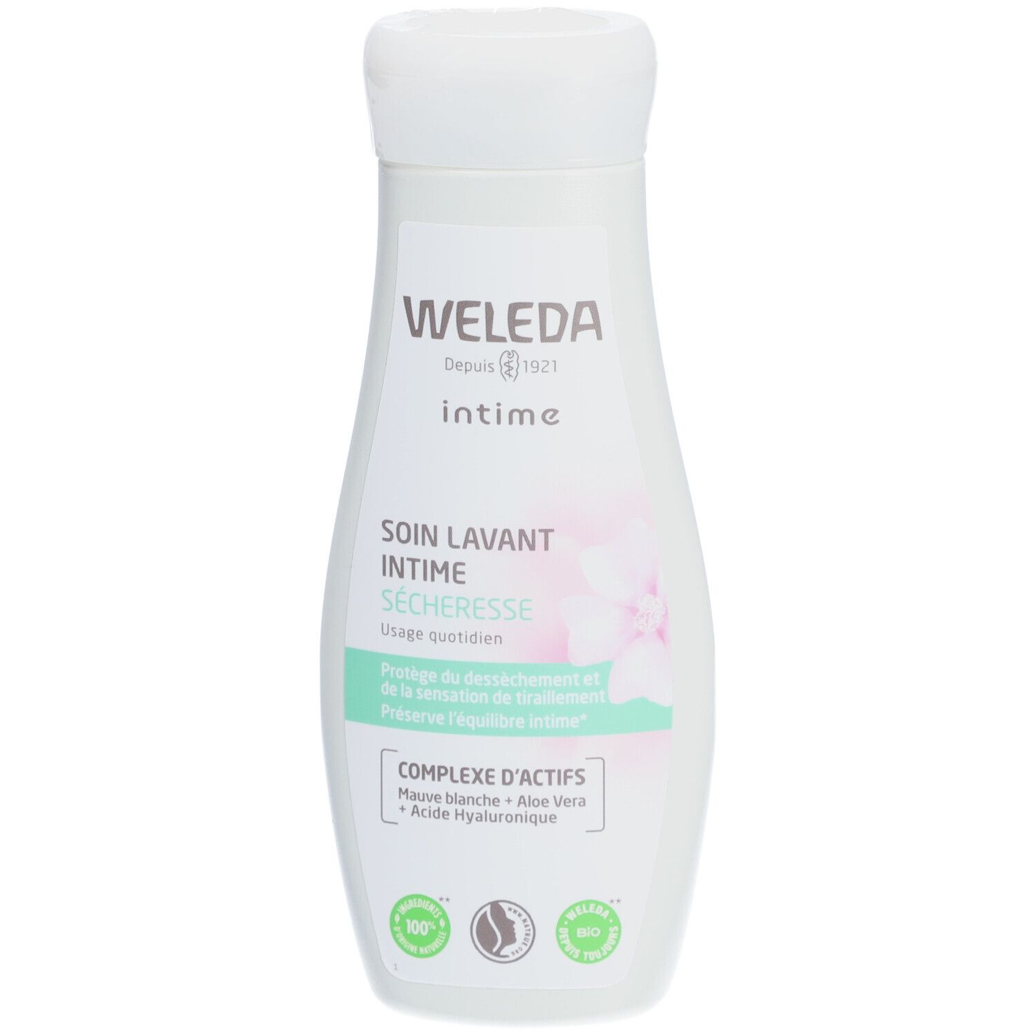 Flacon blanc Weleda Intime, bouchon blanc. Inscription: Soin lavant intime sécheresse. Labels bio. Vue de face.