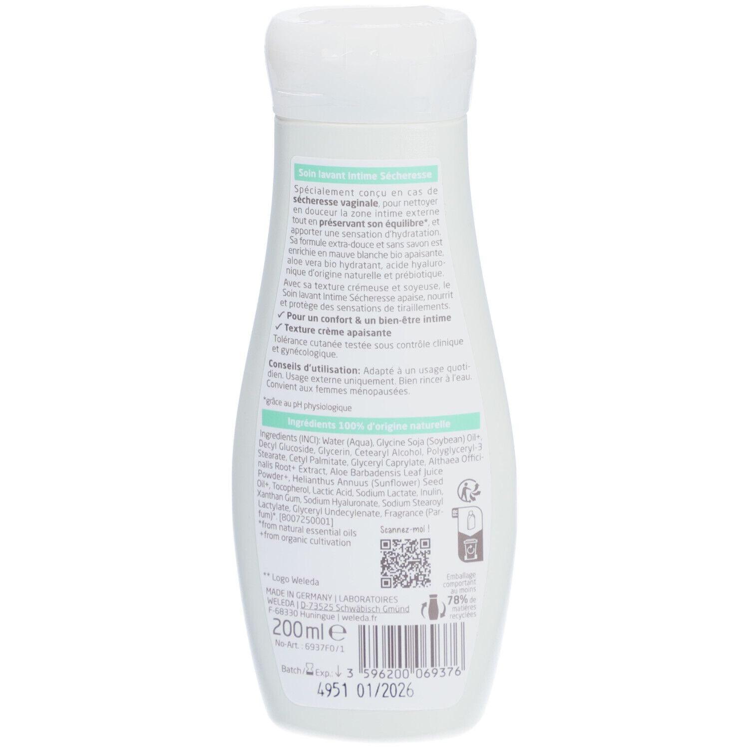 Dos du flacon Weleda Intime. Texte avec ingrédients et conseils d'utilisation. 200ml. Code QR et labels bio.