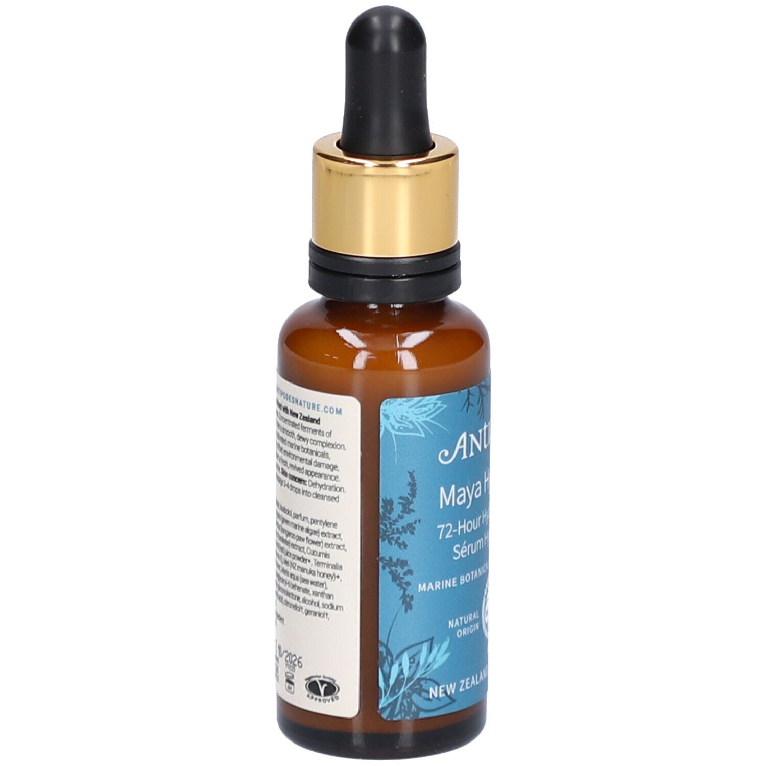Flacon en verre brun avec bouchon doré et pipette. Inscription: ANTIPODES Maya Hyaluronic Sérum Hydratant 72h. Texte au dos.