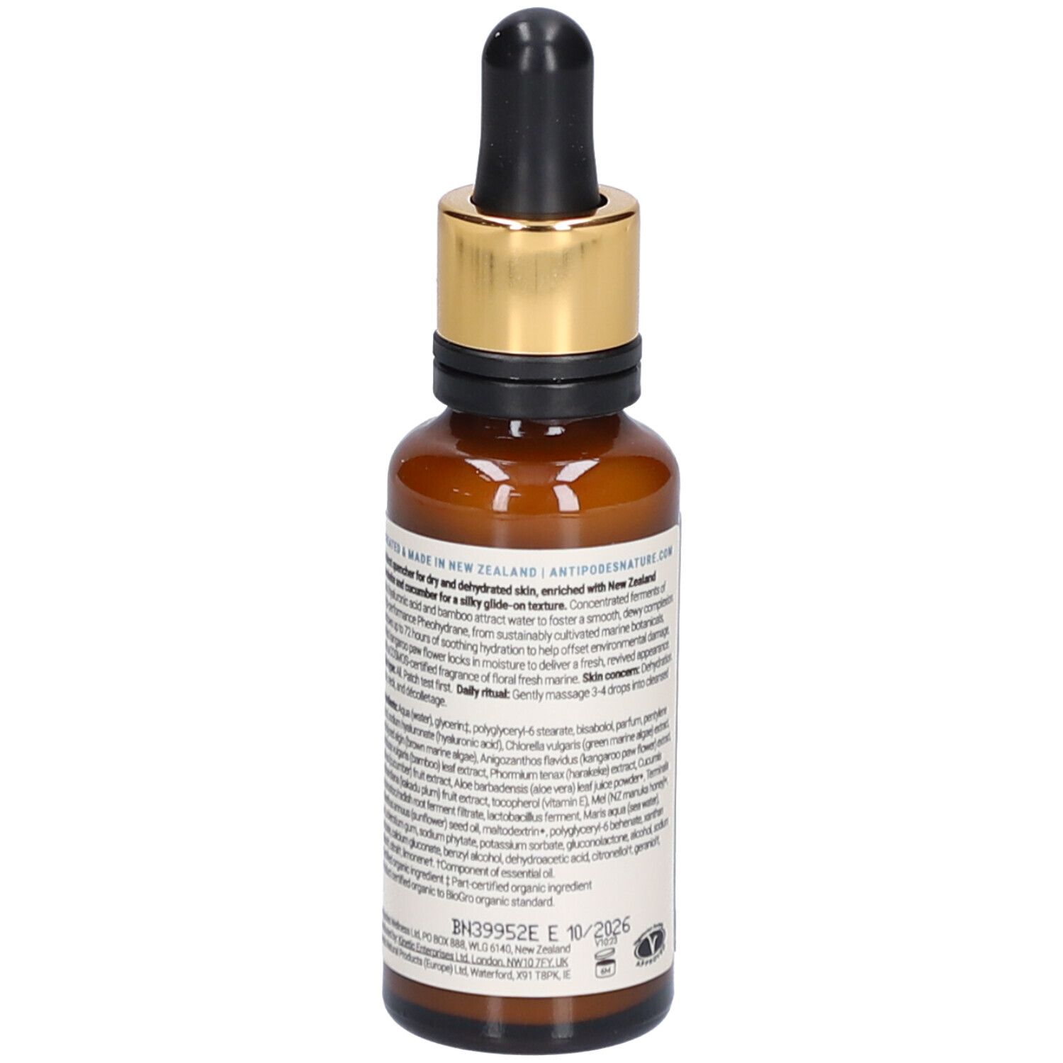 Flacon en verre brun avec bouchon doré et pipette. Texte au dos. Inscription: ANTIPODES Maya Hyaluronic Sérum Hydratant 72h.