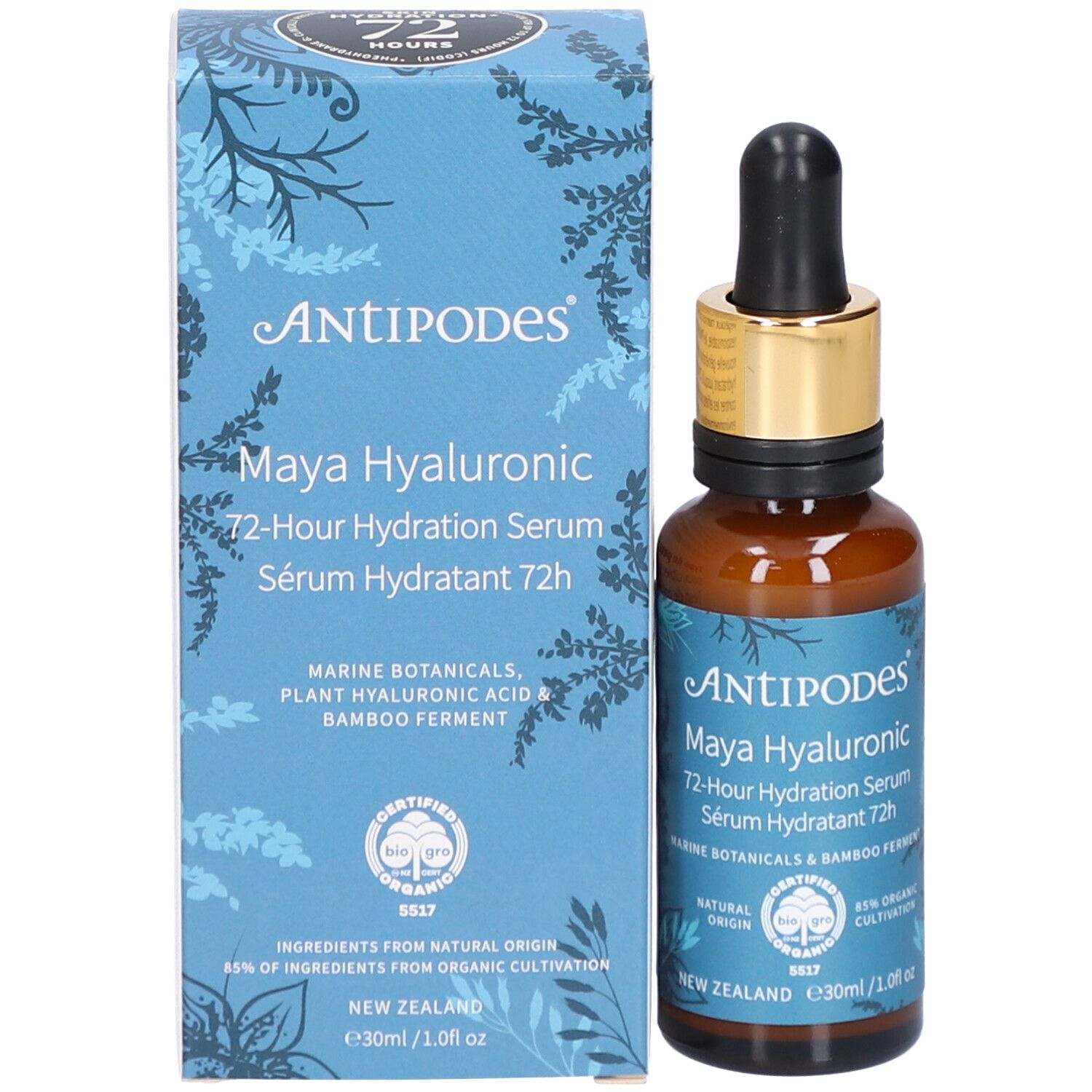 Flacon et emballage du produit. Inscription: ANTIPODES Maya Hyaluronic Sérum Hydratant 72h. Emballage avec motif floral.