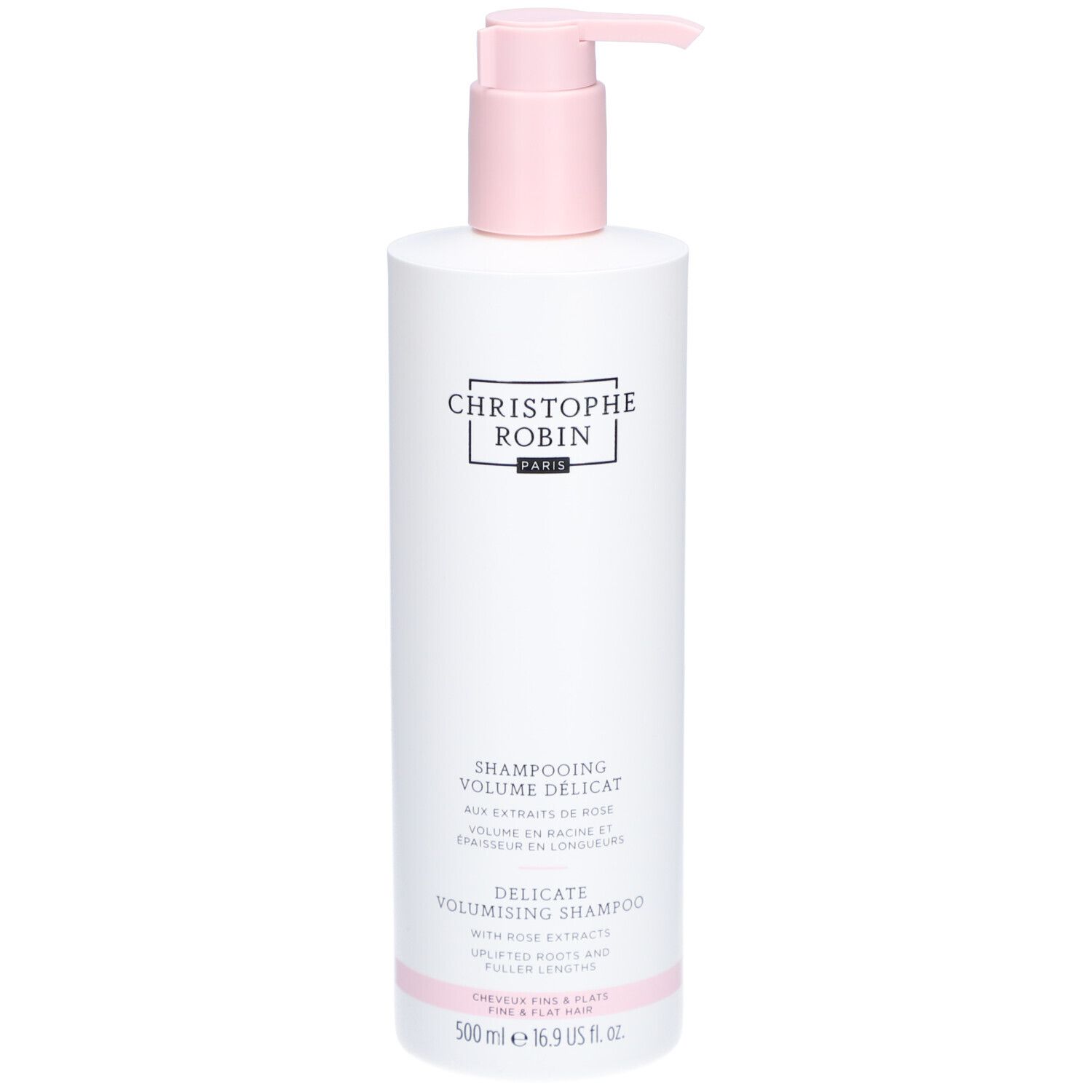 Weiße Flasche mit rosa Pumpe. Aufschrift: CHRISTOPHE ROBIN PARIS. Shampooing Délicat Volume aux Extraits de Rose. 500 ml.
