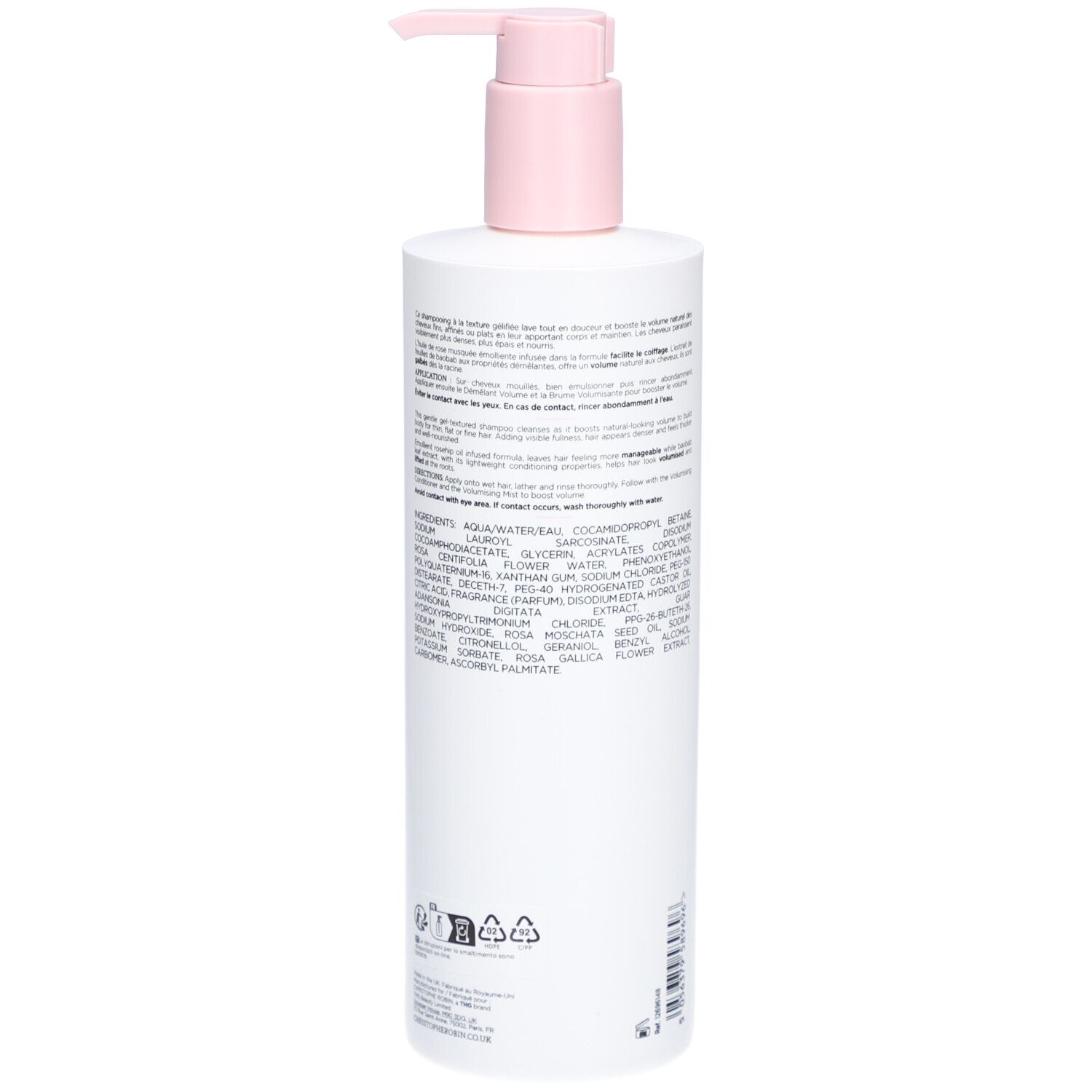 Rückseite einer weißen Flasche mit rosa Pumpe. Text mit Inhaltsstoffen und Informationen. Recycling-Symbole.