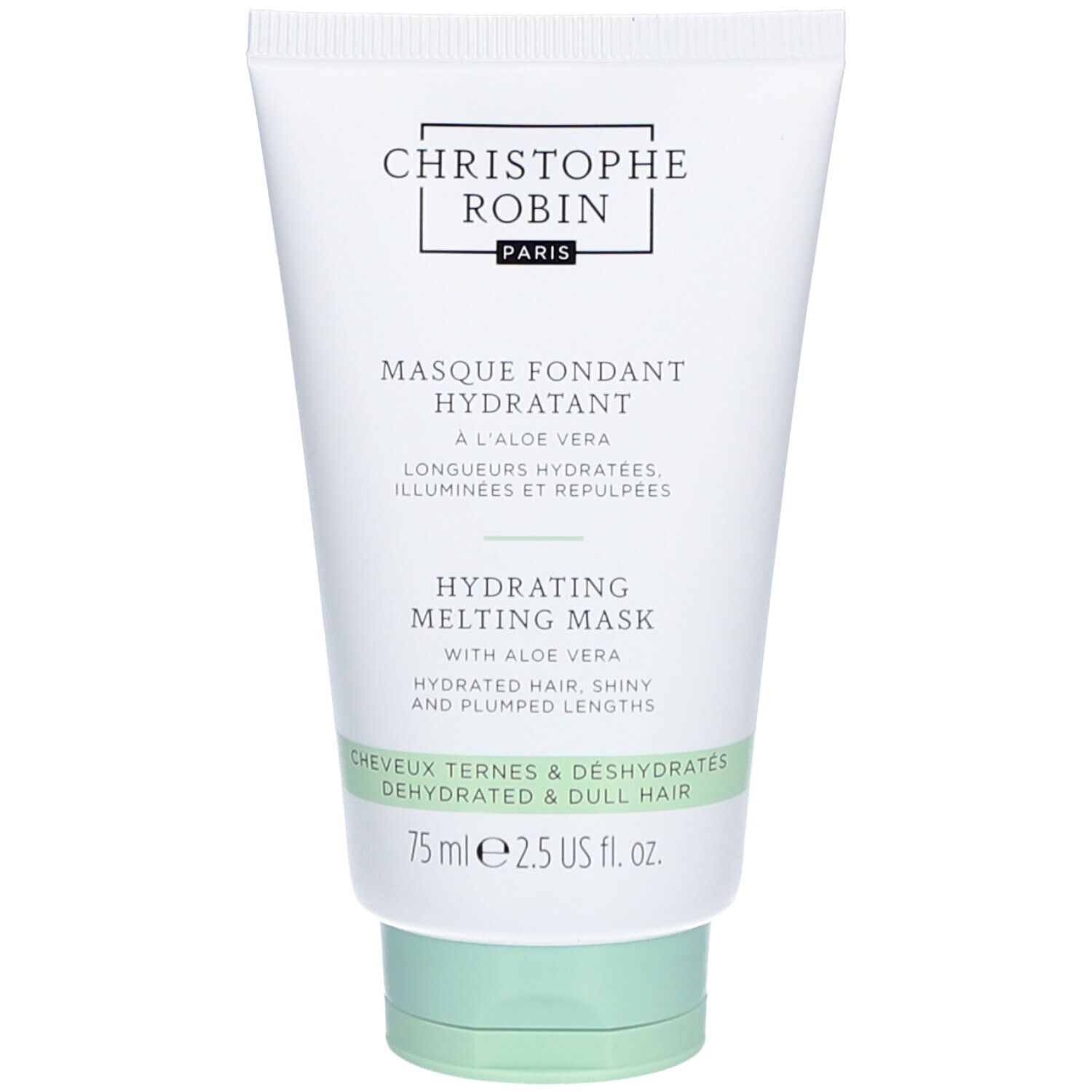 Weiße Tube mit grünem Deckel. Aufschrift: CHRISTOPHE ROBIN, Masque Fondant Hydratant à l'Aloe Vera. Text in Französisch und Englisch.