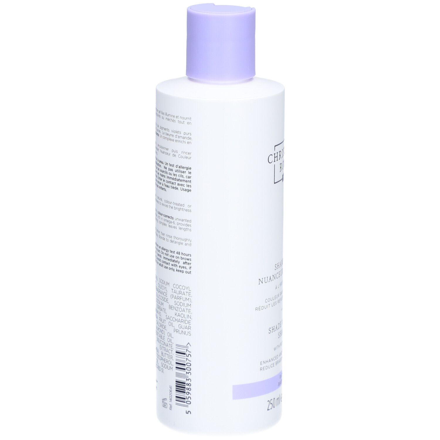 Rückseite der Shampooing Nuanceur de Couleur Flasche. Text in mehreren Sprachen. Inhaltsstoffe und Anwendungshinweise.